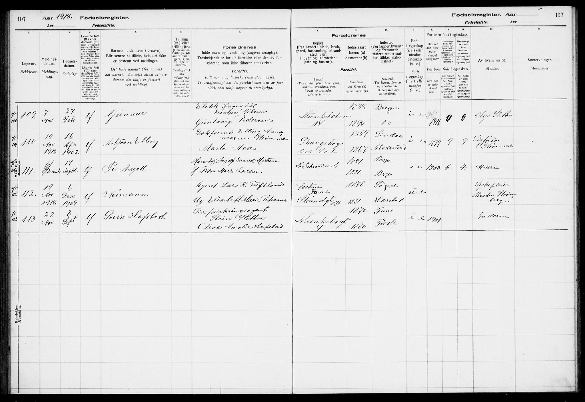 Nykirken Sokneprestembete, AV/SAB-A-77101/I/Id/L00A1: Fødselsregister nr. A 1, 1916-1922, s. 107