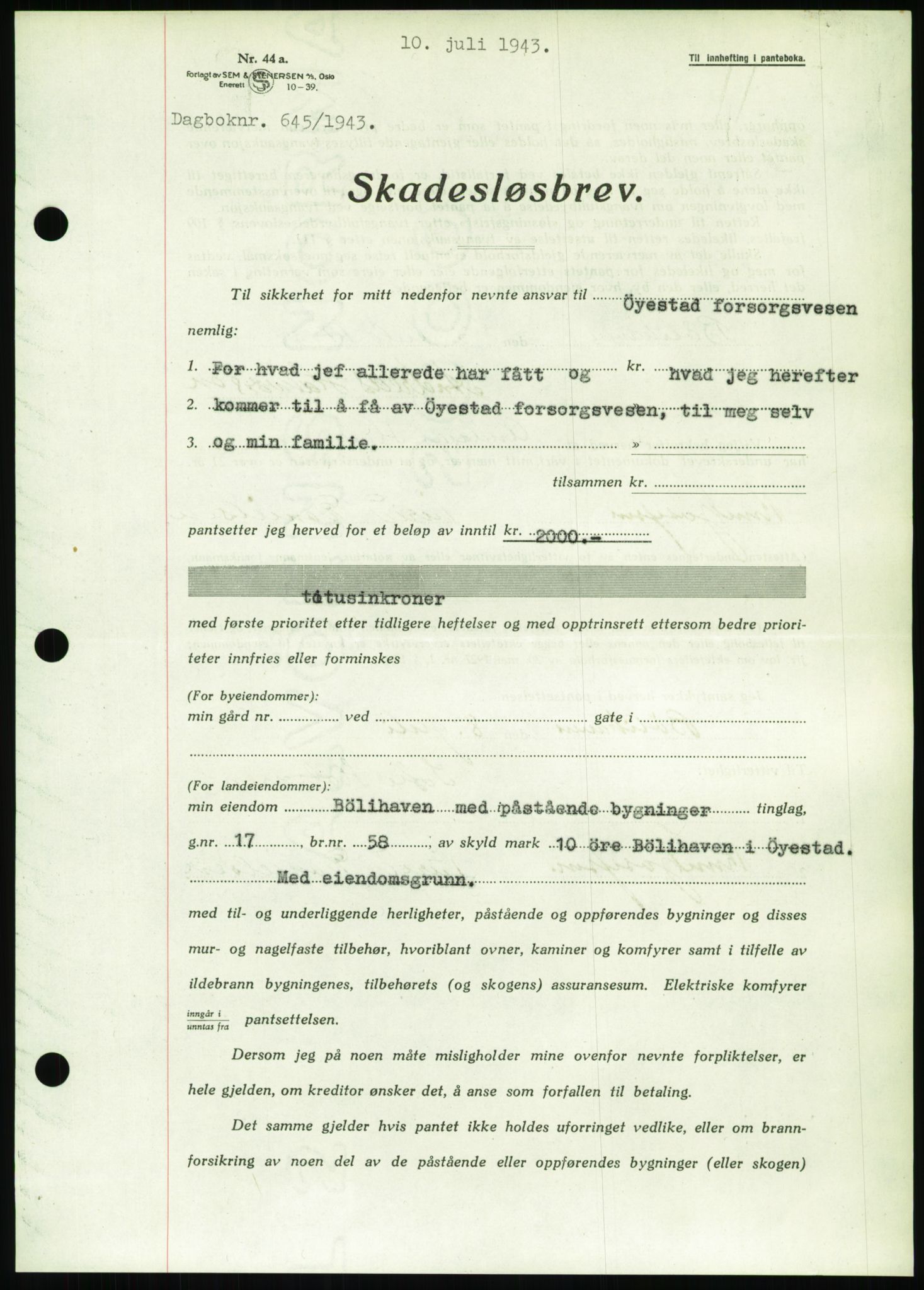 Nedenes sorenskriveri, SAK/1221-0006/G/Gb/Gbb/L0002: Pantebok nr. II, 1942-1945, Dagboknr: 645/1943