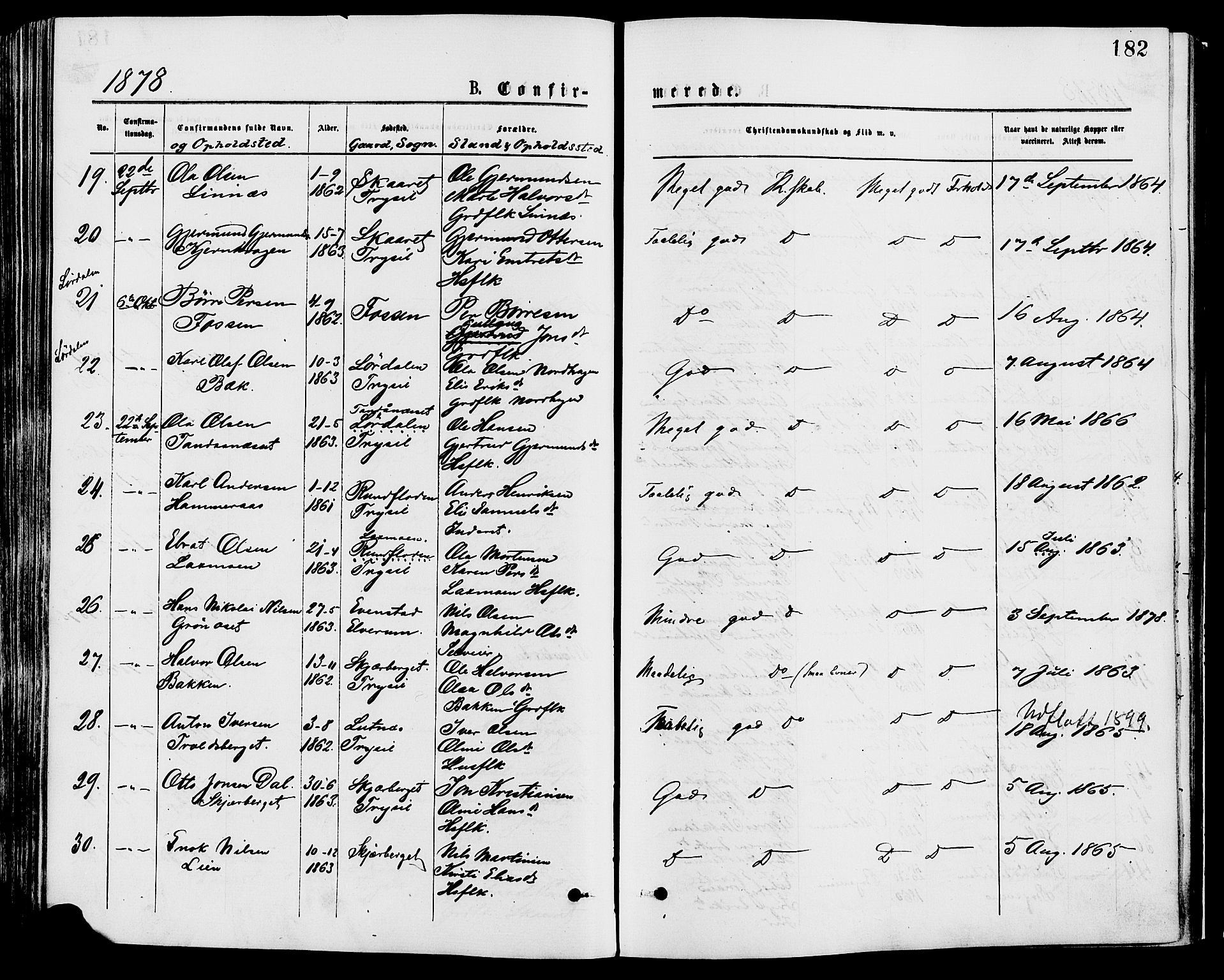 Trysil prestekontor, AV/SAH-PREST-046/H/Ha/Haa/L0007: Ministerialbok nr. 7, 1874-1880, s. 182