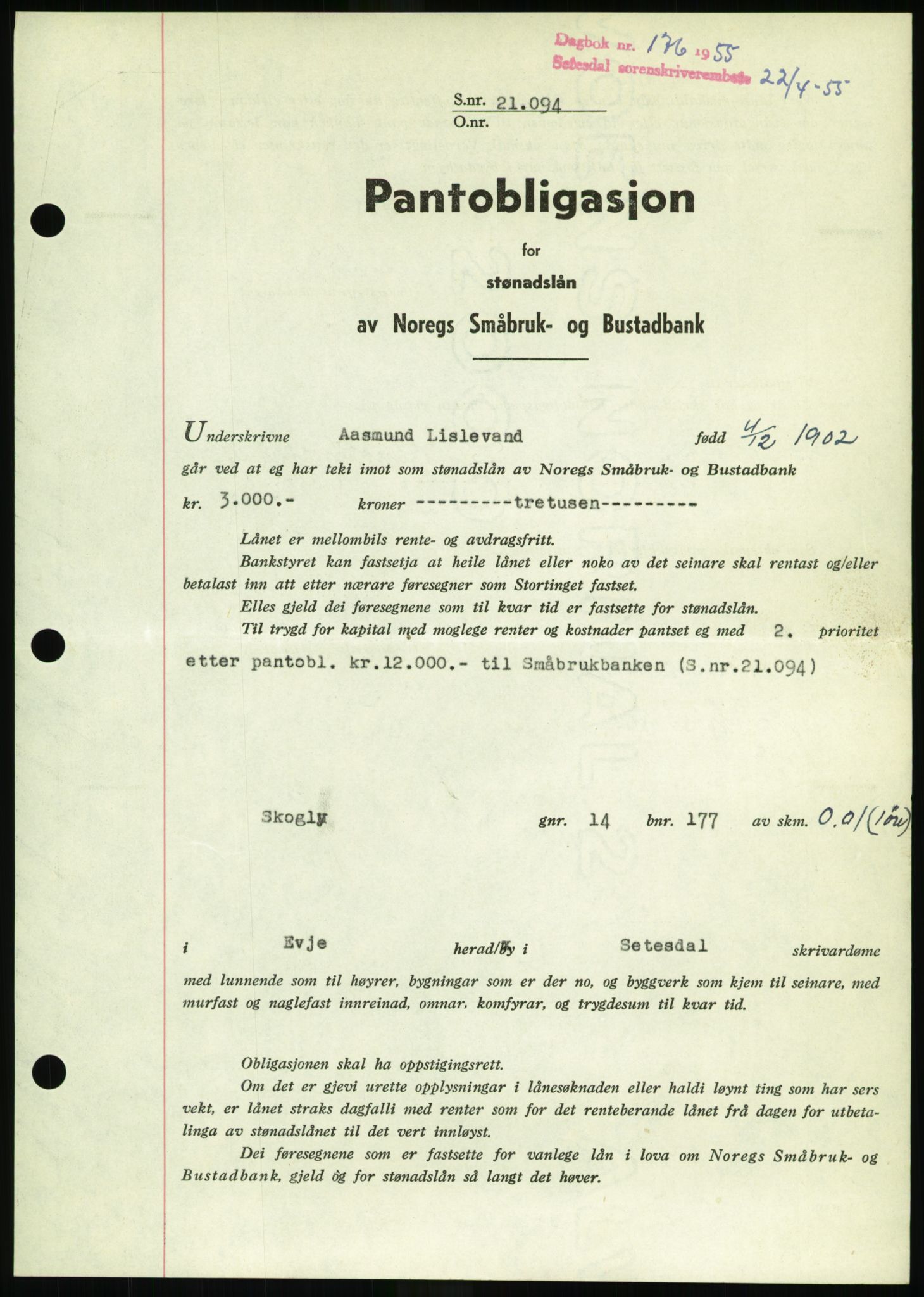 Setesdal sorenskriveri, SAK/1221-0011/G/Gb/L0052: Pantebok nr. B 40, 1954-1955, Dagboknr: 176/1955