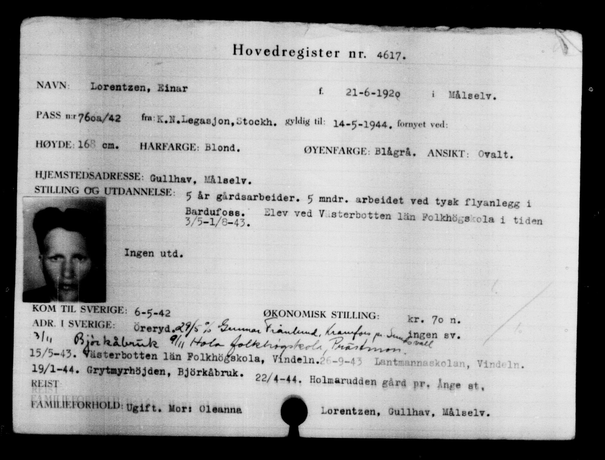 Utenriksstasjonene, Legasjonen i Stockholm, Flyktningkontoret, AV/RA-S-6753/V/Va/L0004: Kjesäterkartoteket, flyktninger med registreringsnr. 3496-6610, 1940-1945, s. 1331