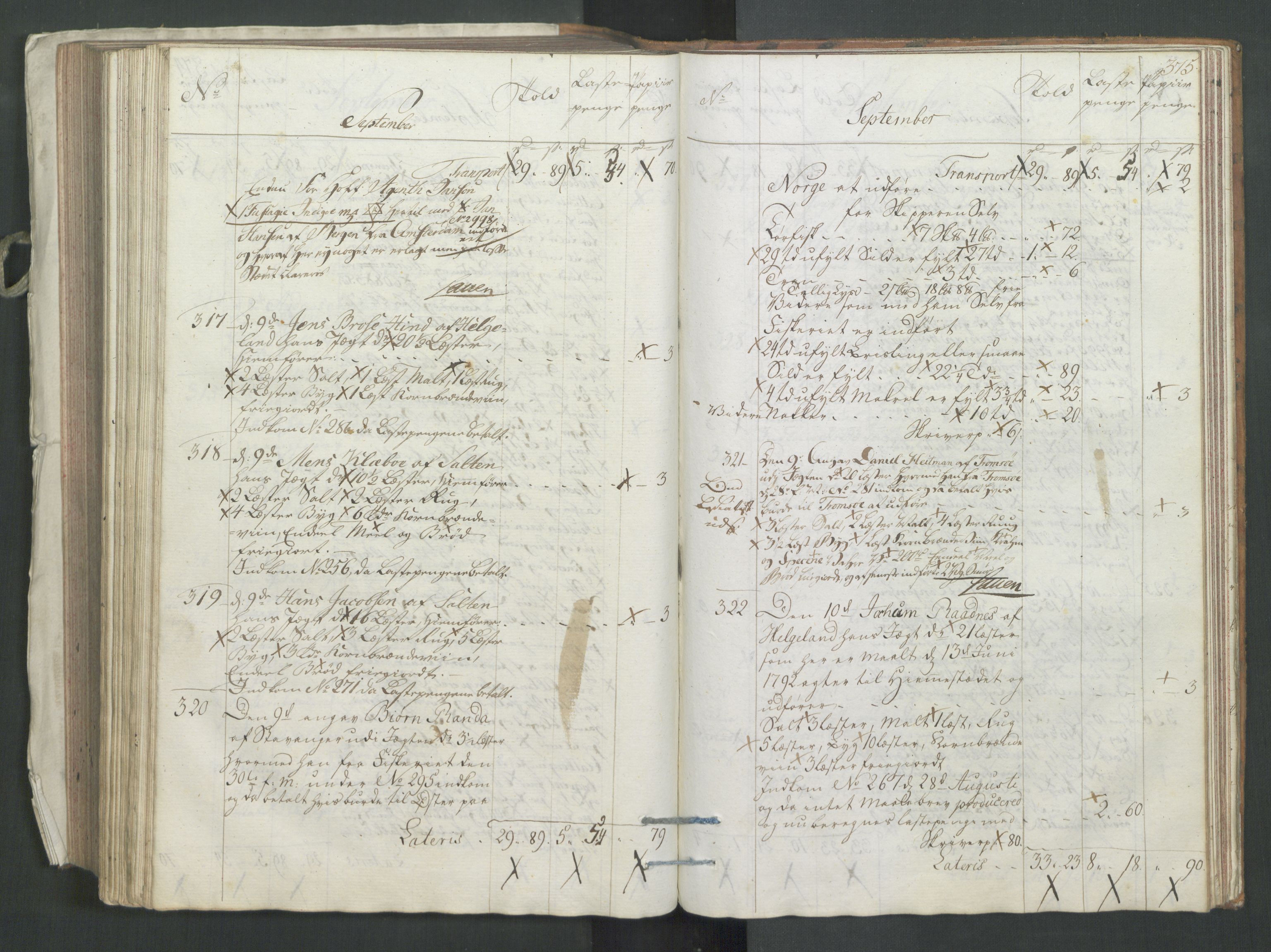 Generaltollkammeret, tollregnskaper, AV/RA-EA-5490/R26/L0278/0001: Tollregnskaper Bergen A / Utgående tollbok II, 1794, s. 374b-375a