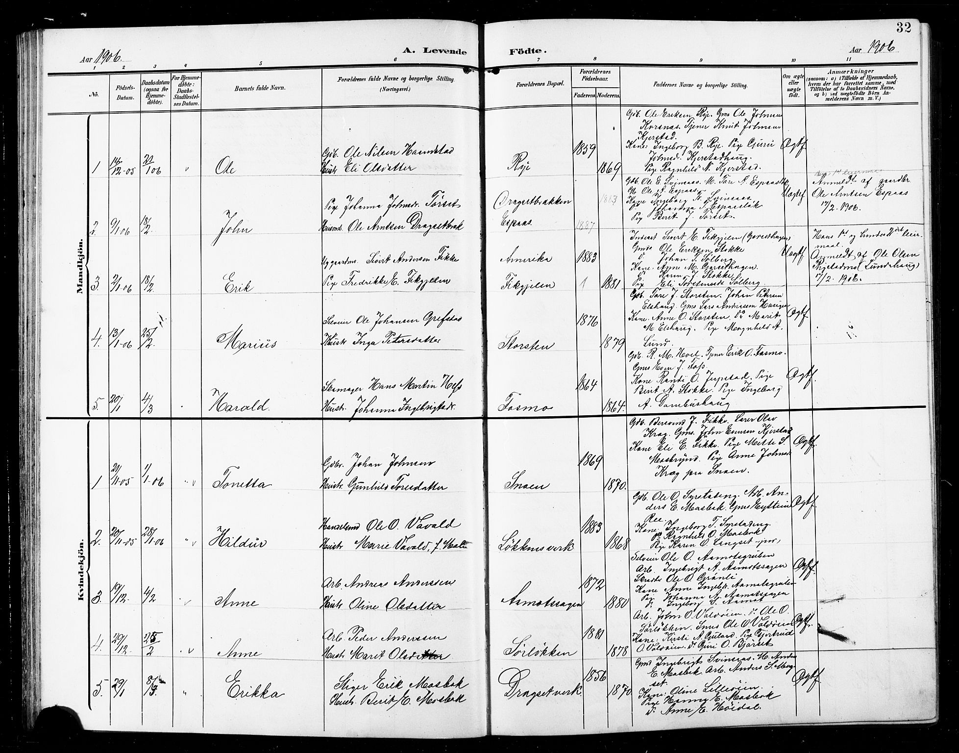 Ministerialprotokoller, klokkerbøker og fødselsregistre - Sør-Trøndelag, SAT/A-1456/672/L0864: Klokkerbok nr. 672C03, 1902-1914, s. 32