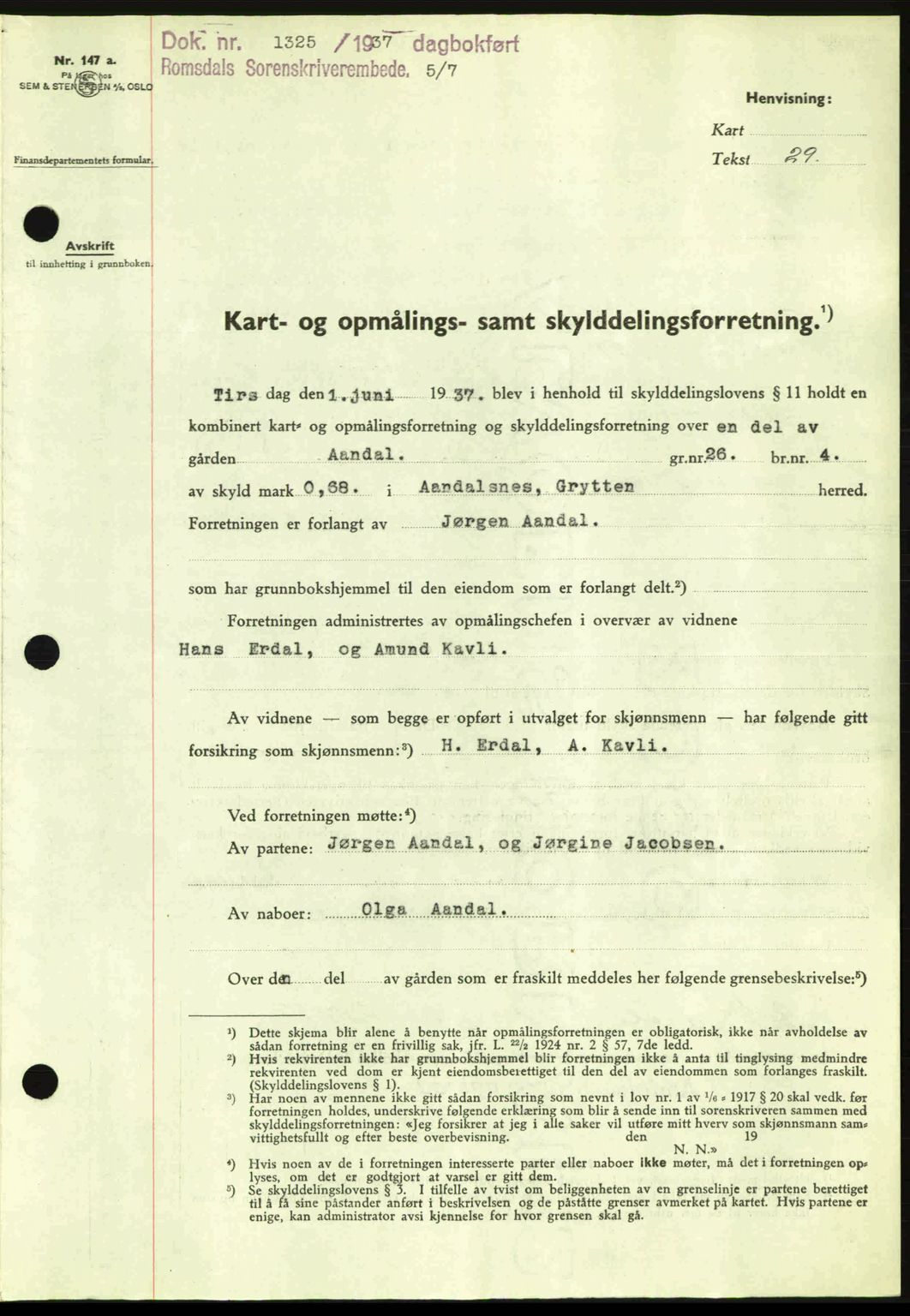 Romsdal sorenskriveri, SAT/A-4149/1/2/2C: Pantebok nr. A3, 1937-1937, Dagboknr: 1325/1937