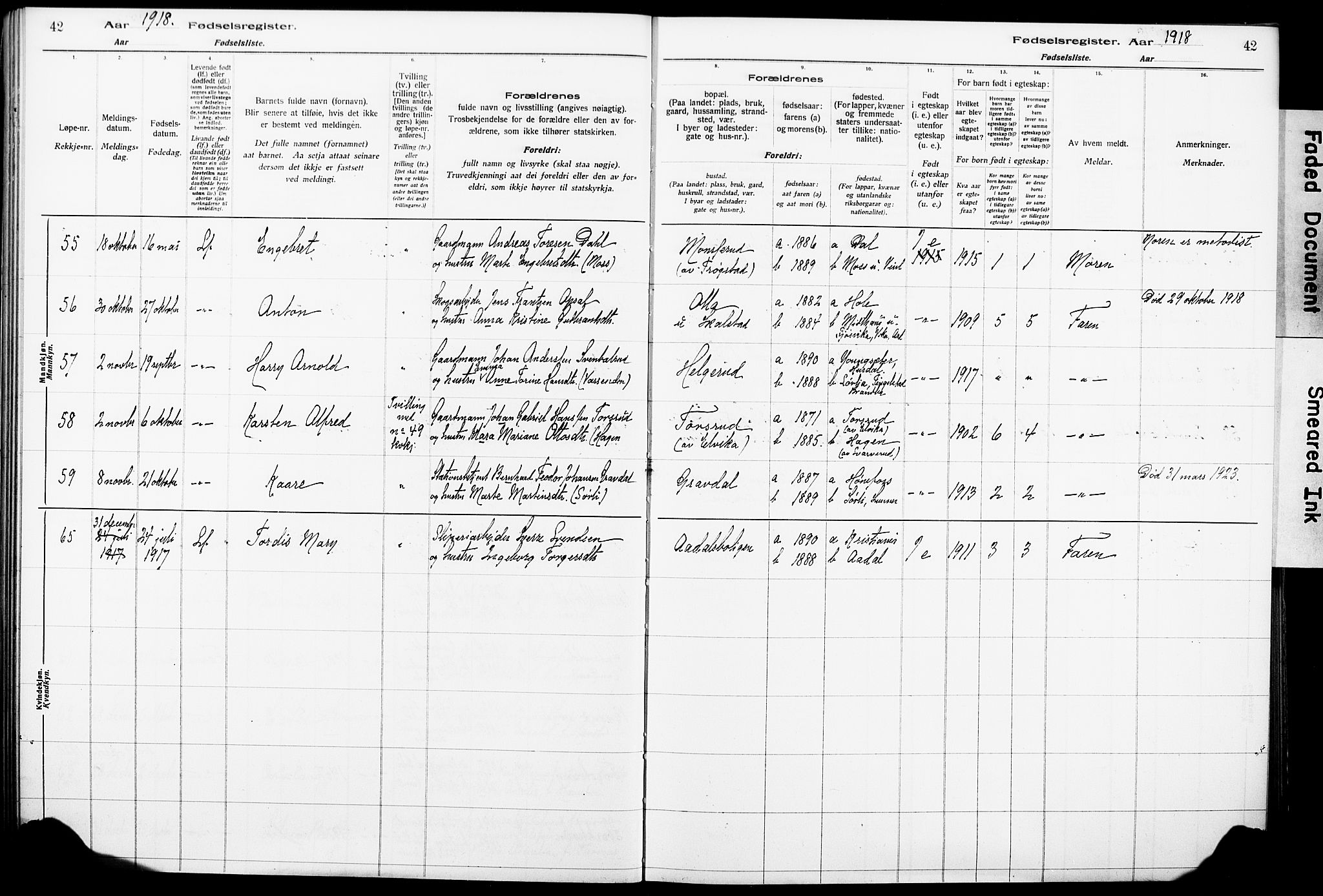 Norderhov kirkebøker, AV/SAKO-A-237/J/Ja/L0001: Fødselsregister nr. 1, 1916-1930, s. 42