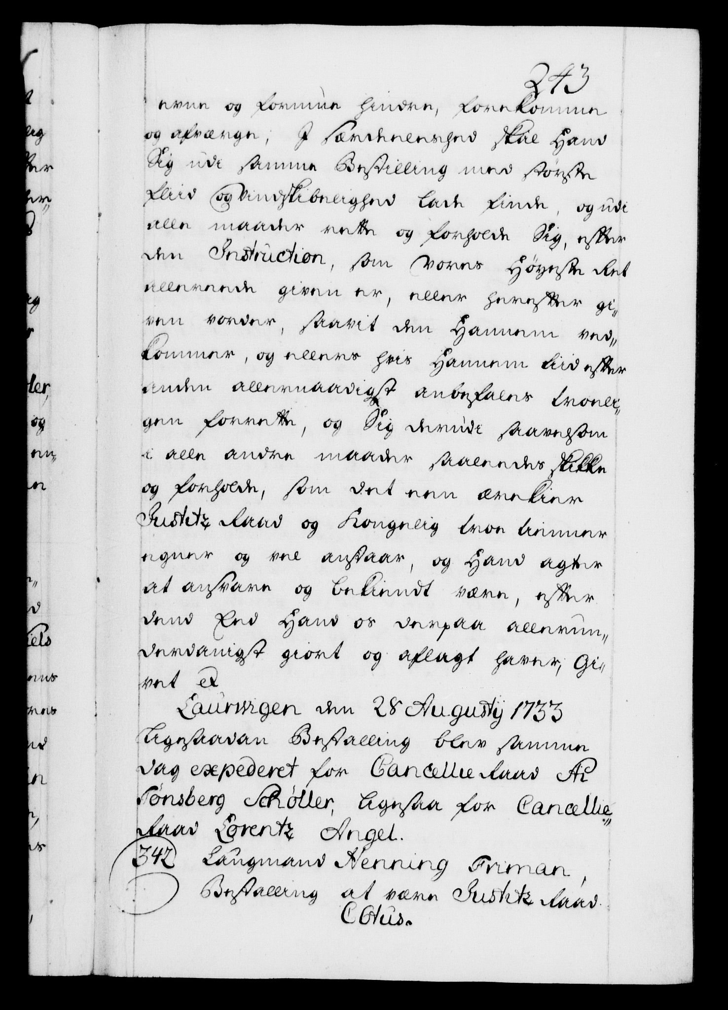 Danske Kanselli 1572-1799, AV/RA-EA-3023/F/Fc/Fca/Fcaa/L0028: Norske registre, 1733-1734, s. 243a