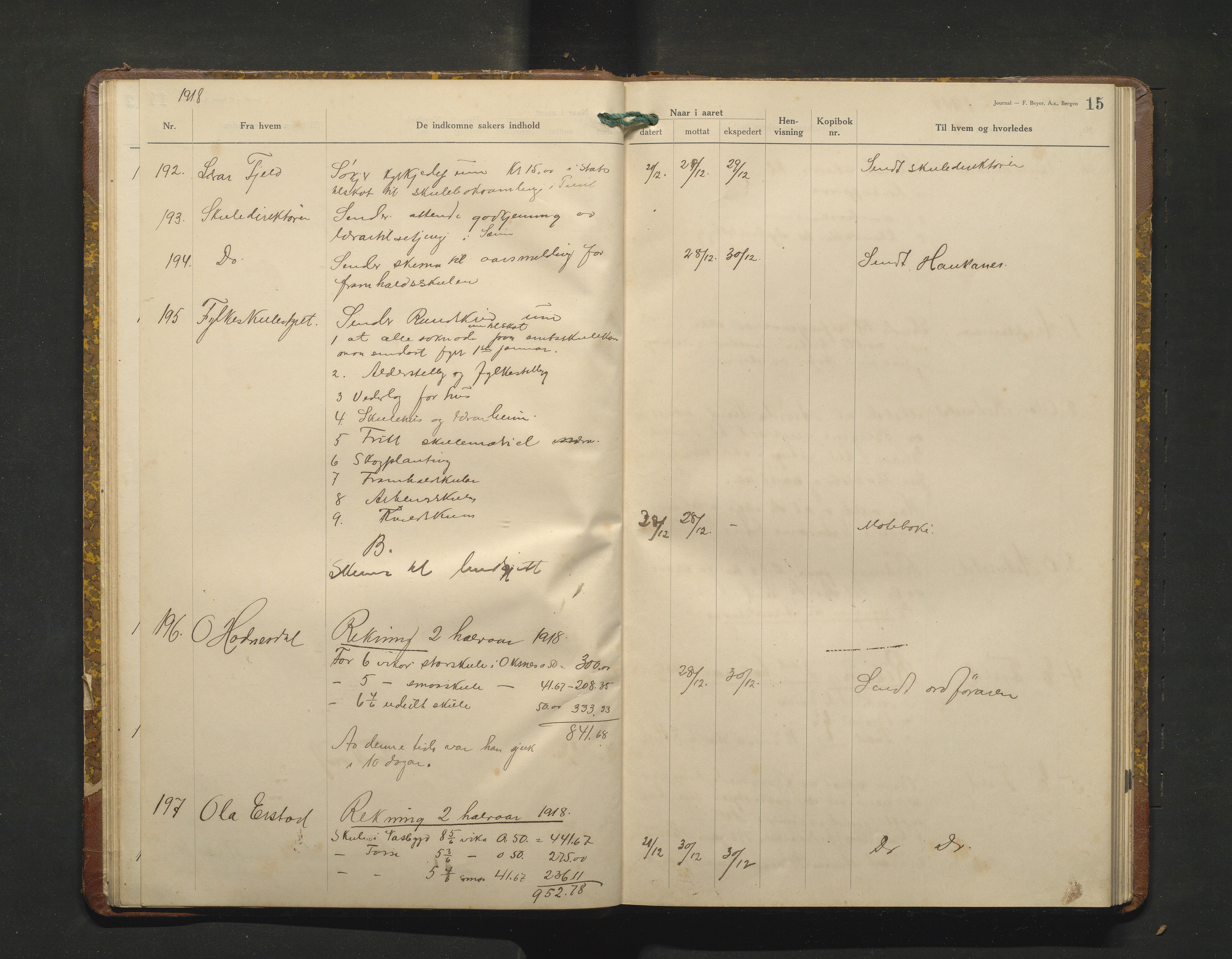 Alversund kommune. Skulestyret, IKAH/1257-211/C/Ca/L0005: Brevjournal for Alversund skulestyre, 1918-1920