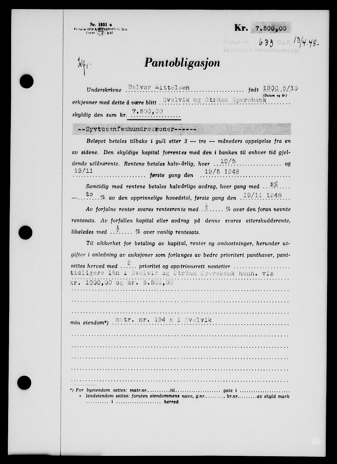 Holmestrand sorenskriveri, SAKO/A-67/G/Ga/Gab/L0058: Pantebok nr. B-58, 1947-1948, Dagboknr: 633/1948