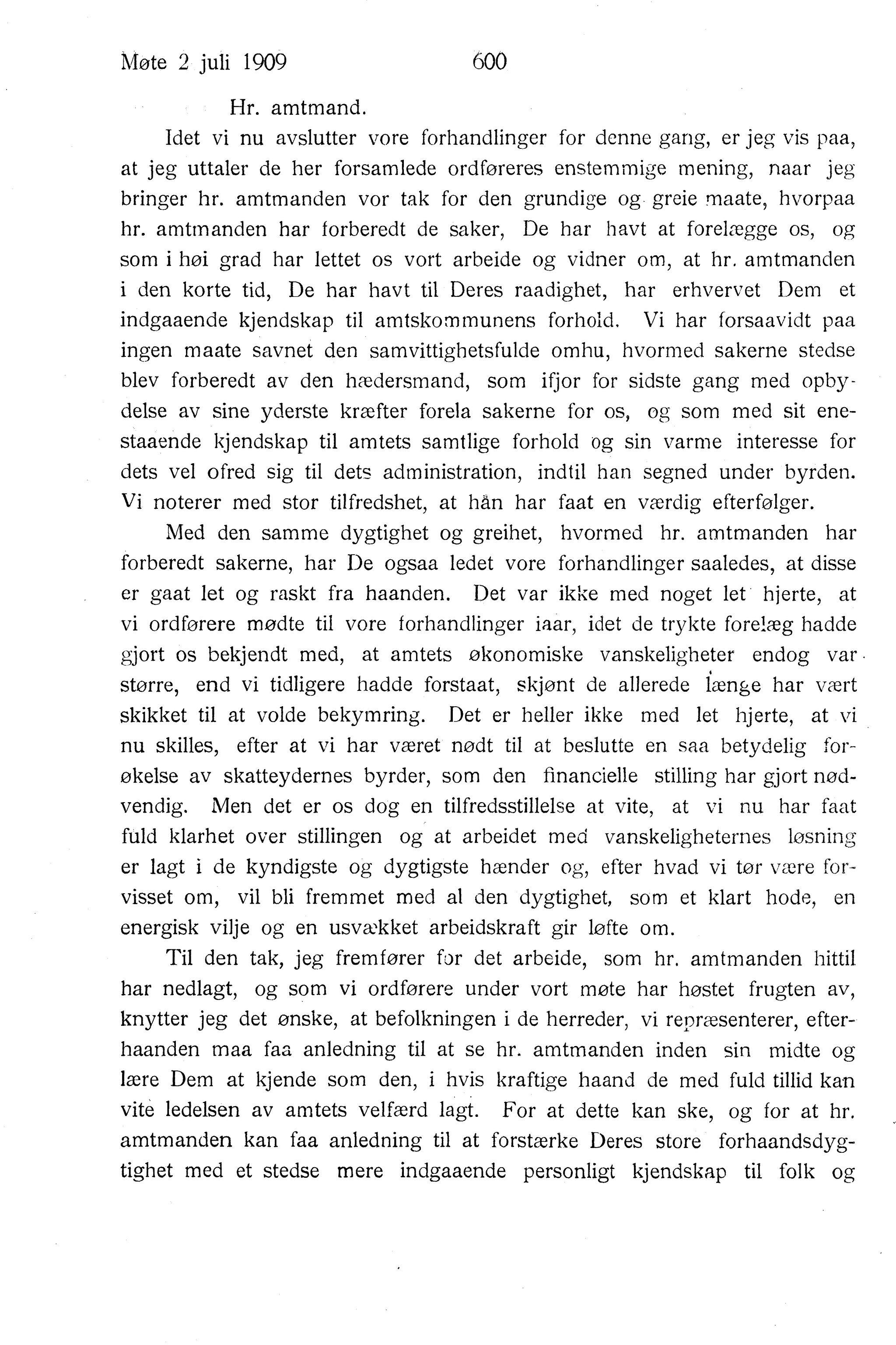 Nordland Fylkeskommune. Fylkestinget, AIN/NFK-17/176/A/Ac/L0032: Fylkestingsforhandlinger 1909, 1909