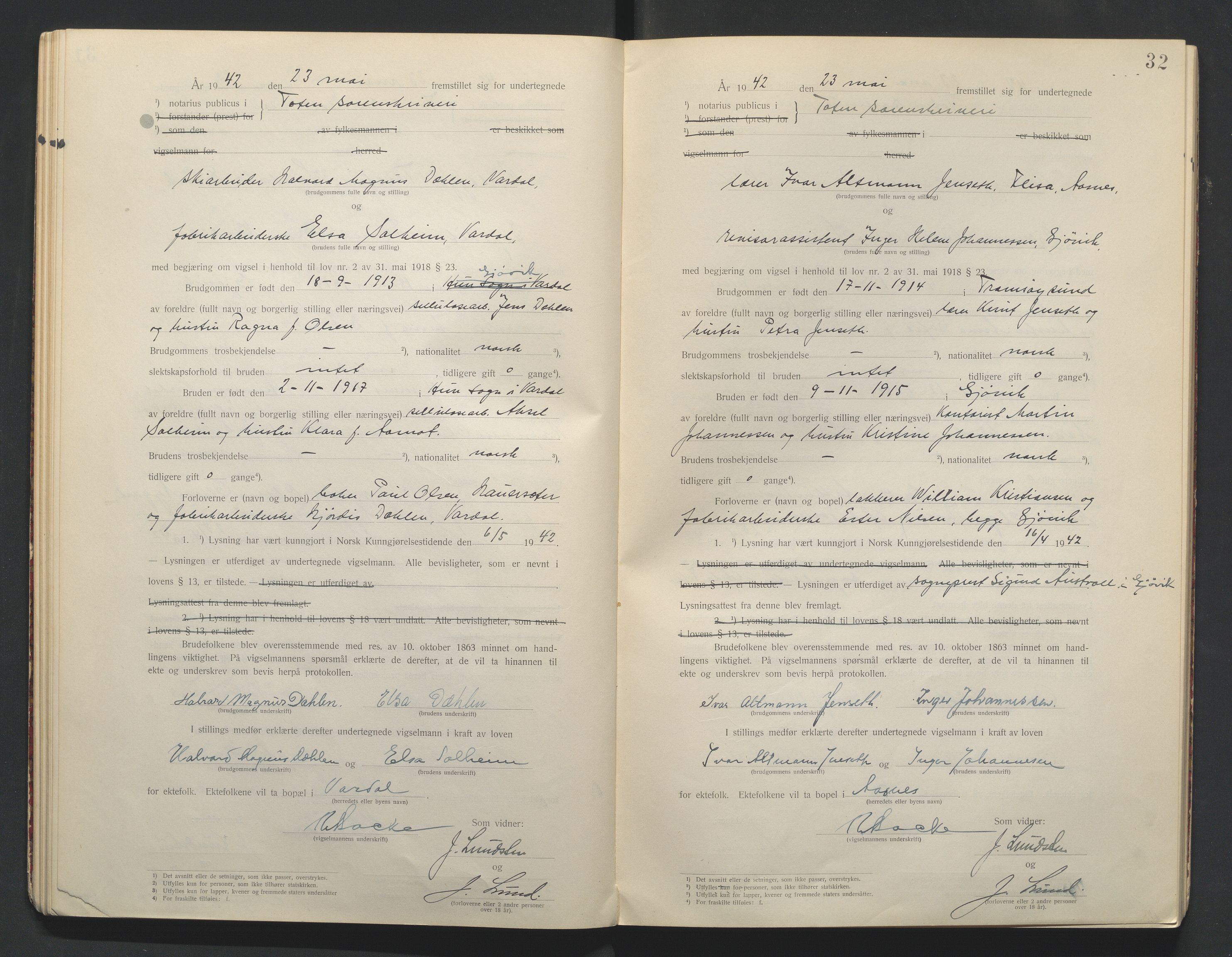Toten tingrett, AV/SAH-TING-006/L/Lc/L0001: Vigselbok, 1920-1942, s. 32