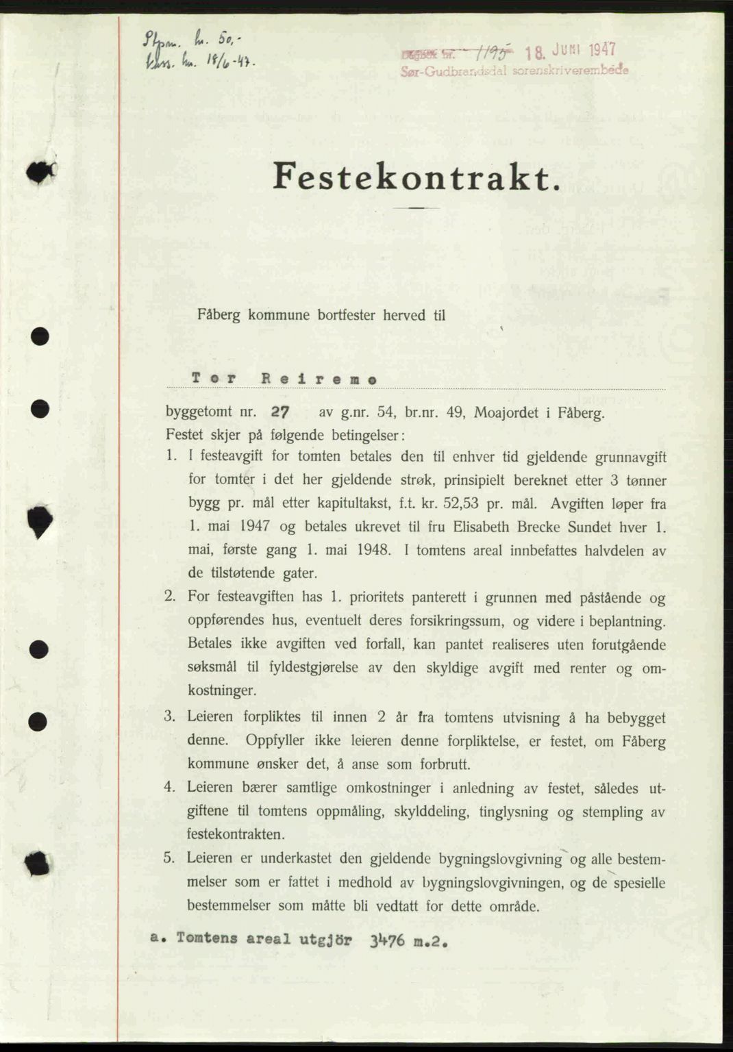 Sør-Gudbrandsdal tingrett, SAH/TING-004/H/Hb/Hbd/L0018: Pantebok nr. A18, 1947-1947, Dagboknr: 1195/1947