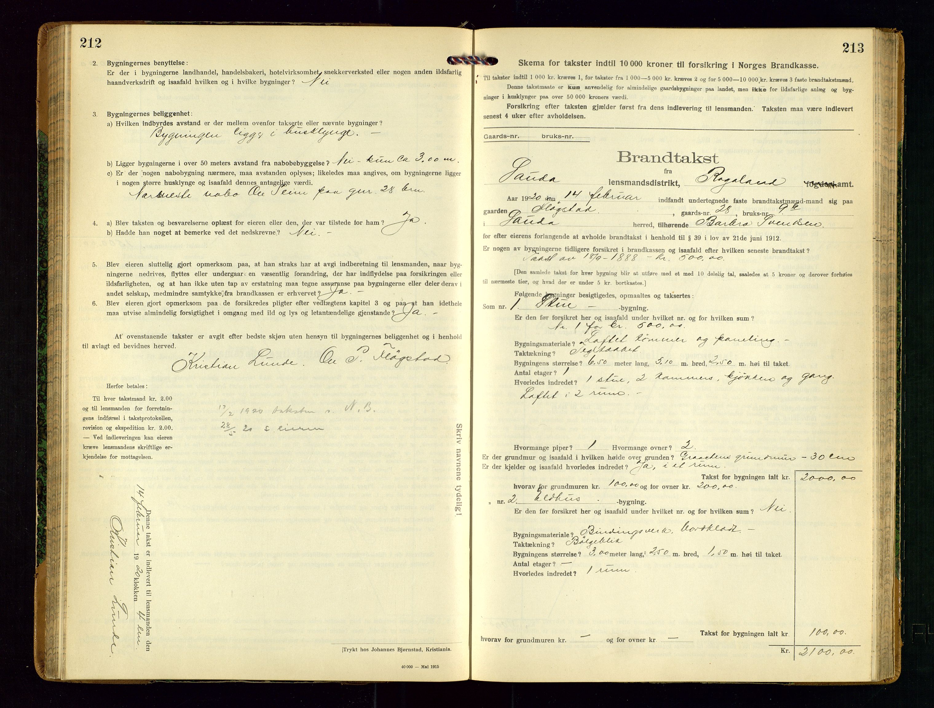 Sauda lensmannskontor, AV/SAST-A-100177/Gob/L0002: Branntakstprotokoll - skjematakst, 1916-1928, s. 212-213