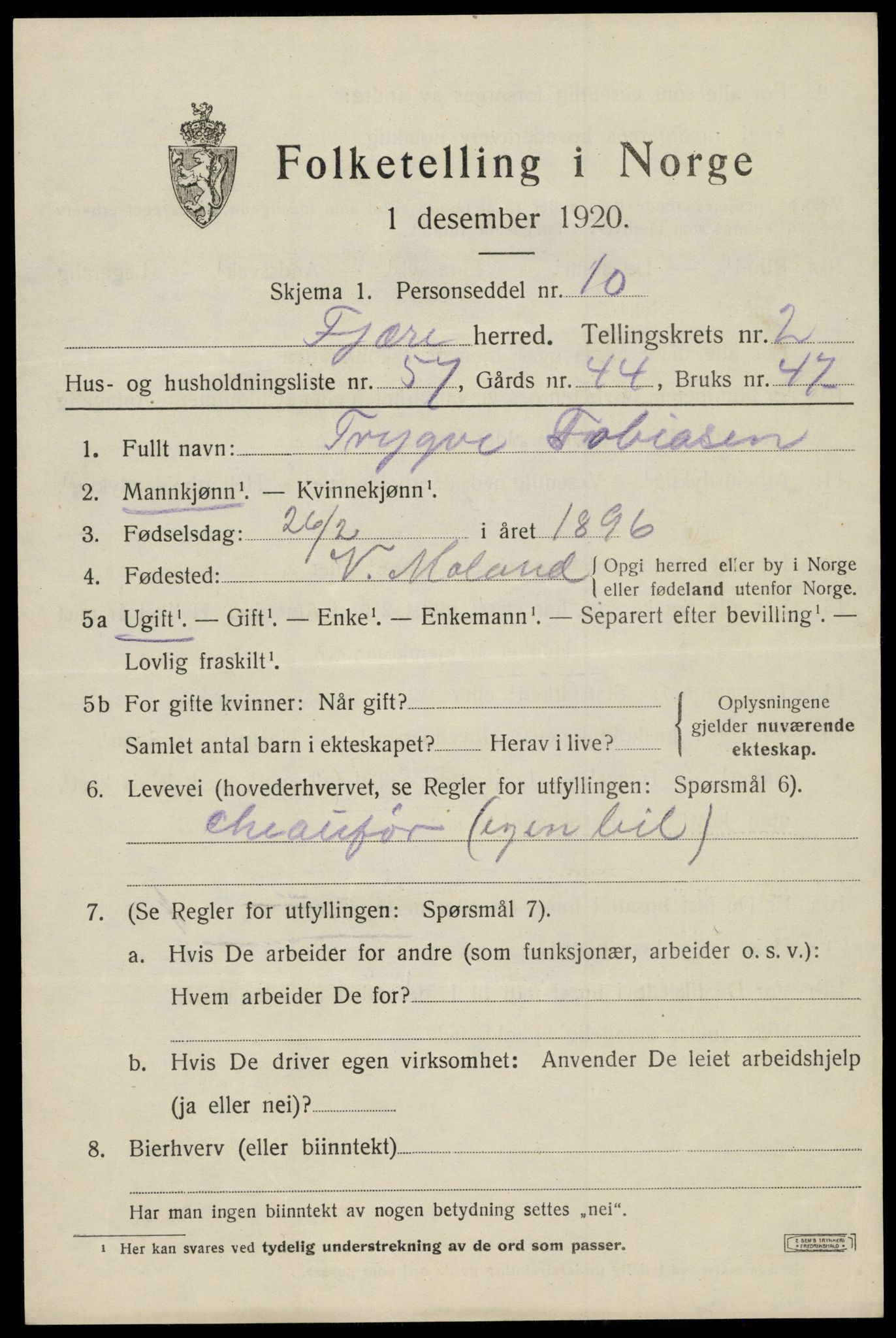 SAK, Folketelling 1920 for 0923 Fjære herred, 1920, s. 3905
