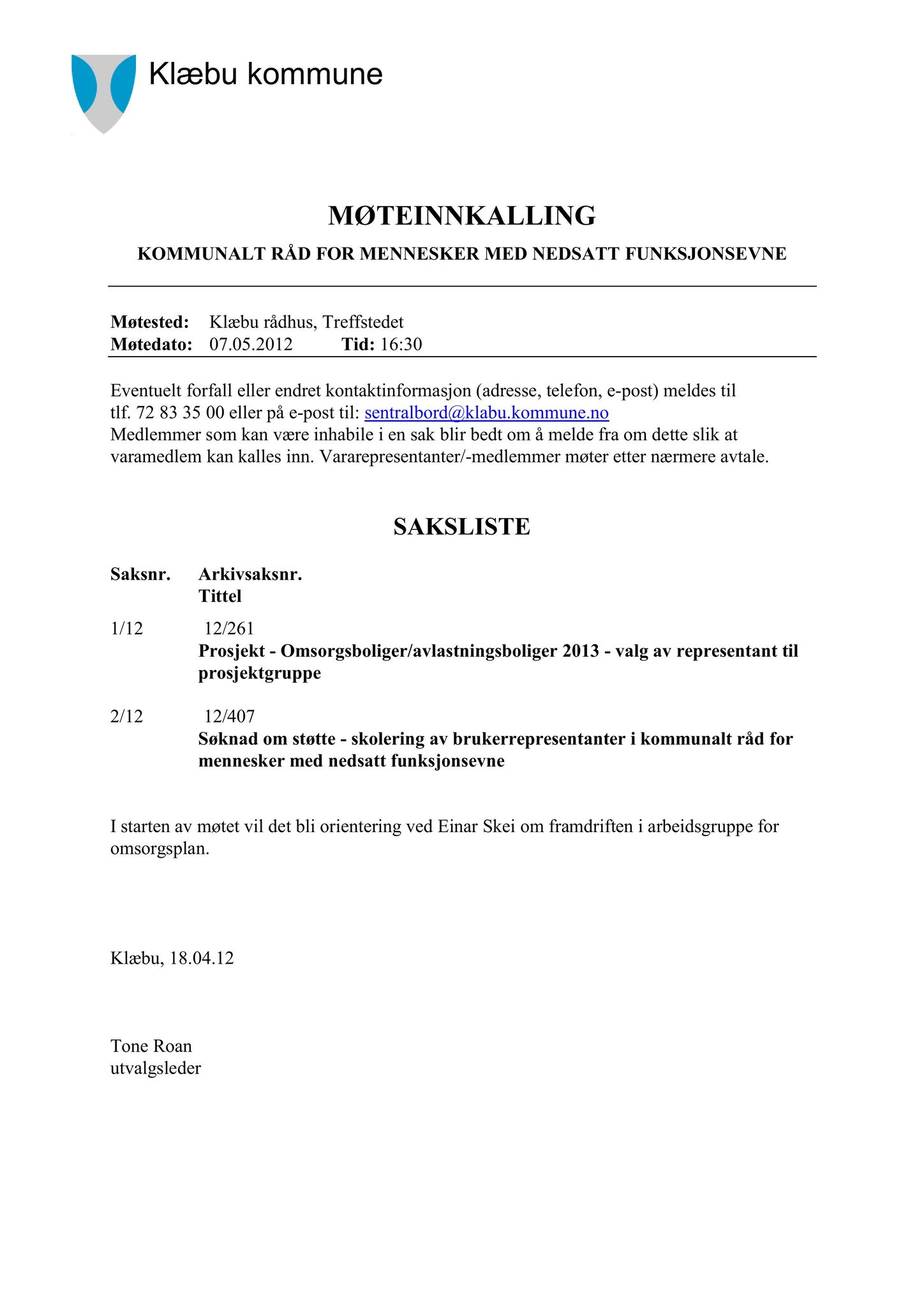 Klæbu Kommune, TRKO/KK/08-KMNF/L002: Kommunalt råd for mennesker med nedsatt funksjonsevne - Møtedokumenter, 2012, s. 5