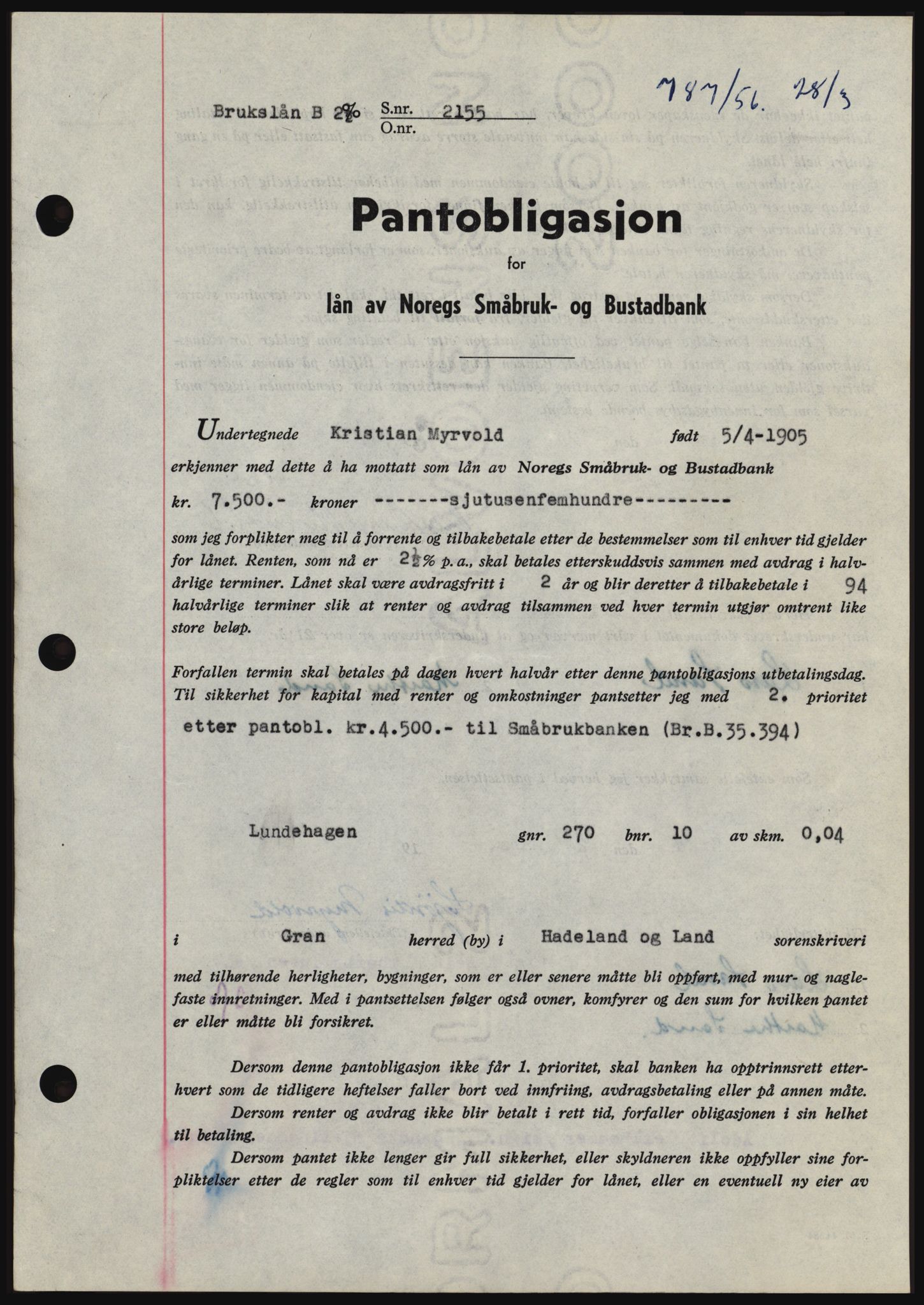 Hadeland og Land tingrett, SAH/TING-010/H/Hb/Hbc/L0033: Pantebok nr. B33, 1955-1956, Dagboknr: 789/1956