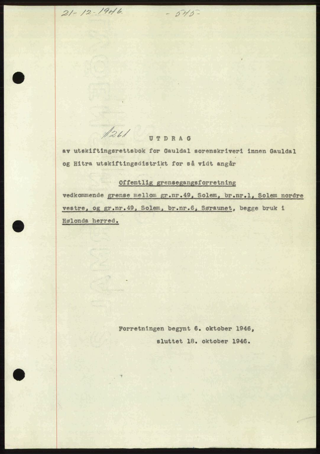 Gauldal sorenskriveri, SAT/A-0014/1/2/2C: Pantebok nr. A2, 1946-1946, Dagboknr: 1261/1946
