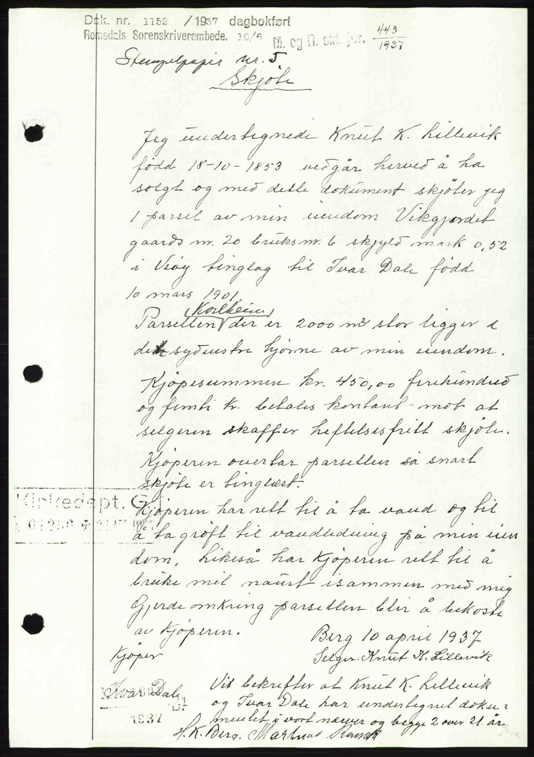 Romsdal sorenskriveri, SAT/A-4149/1/2/2C: Pantebok nr. A4, 1937-1938, Dagboknr: 1152/1937
