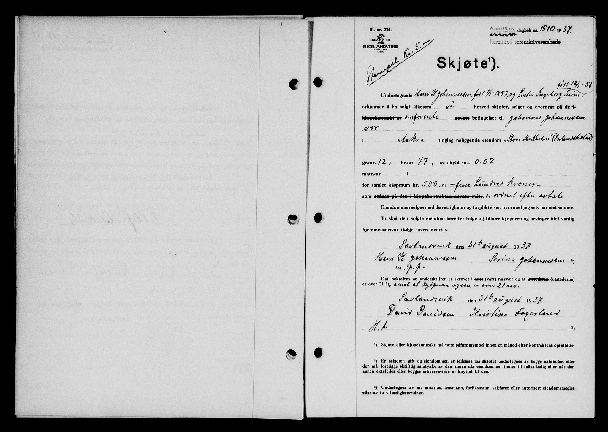 Karmsund sorenskriveri, SAST/A-100311/01/II/IIB/L0068: Pantebok nr. 49A, 1937-1937, Dagboknr: 1510/1937
