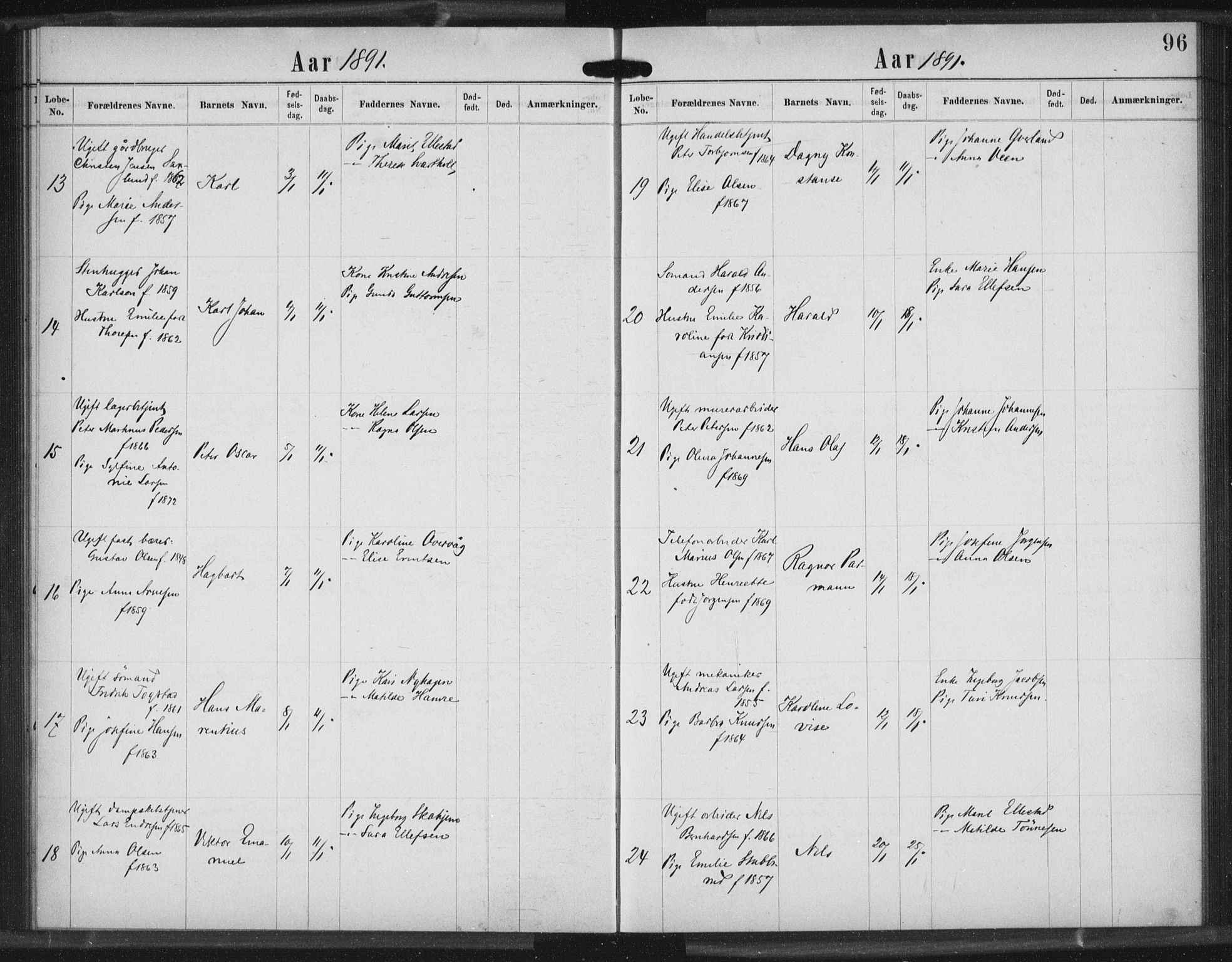 Rikshospitalet prestekontor Kirkebøker, AV/SAO-A-10309b/K/L0003/0003: Dåpsbok nr. 3.3, 1889-1892, s. 96