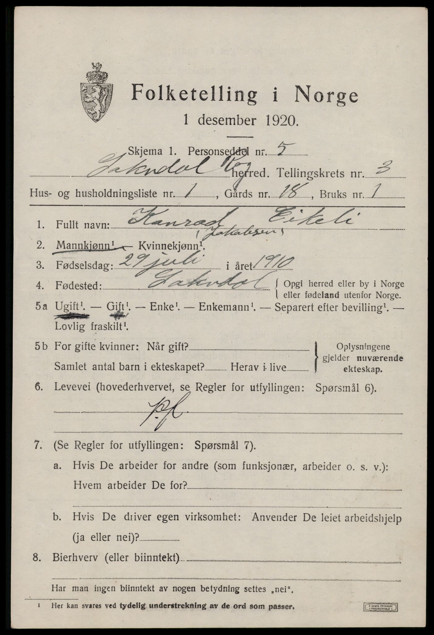 SAST, Folketelling 1920 for 1111 Sokndal herred, 1920, s. 2105