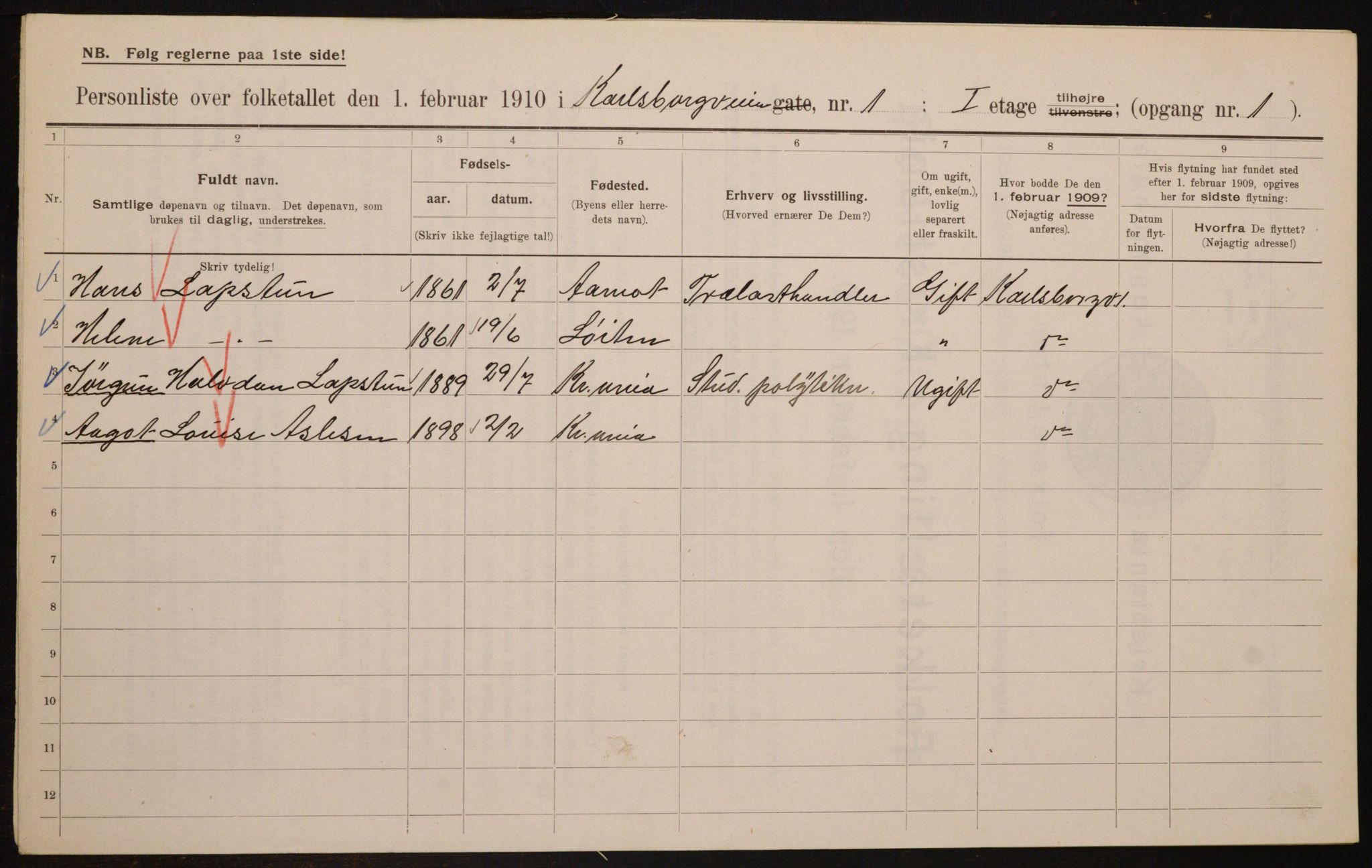 OBA, Kommunal folketelling 1.2.1910 for Kristiania, 1910, s. 47499