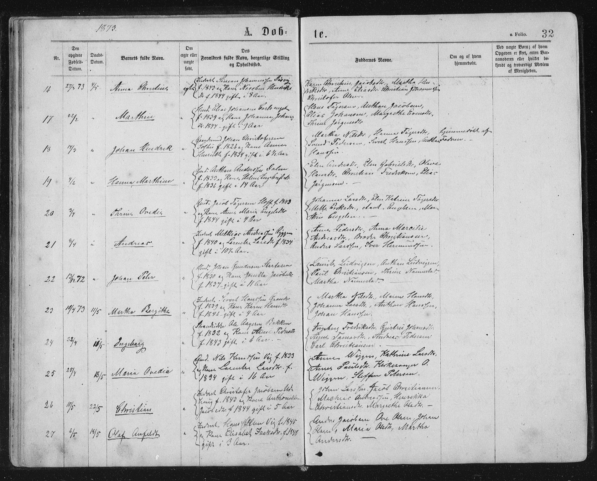 Ministerialprotokoller, klokkerbøker og fødselsregistre - Sør-Trøndelag, SAT/A-1456/659/L0745: Klokkerbok nr. 659C02, 1869-1892, s. 32