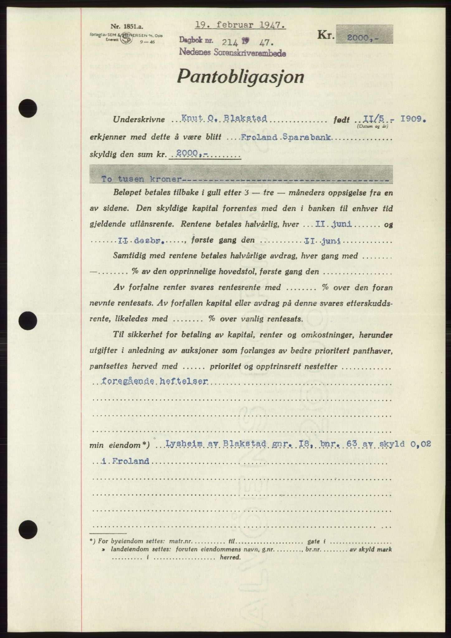 Nedenes sorenskriveri, SAK/1221-0006/G/Gb/Gbb/L0004: Pantebok nr. B4, 1947-1947, Dagboknr: 214/1947