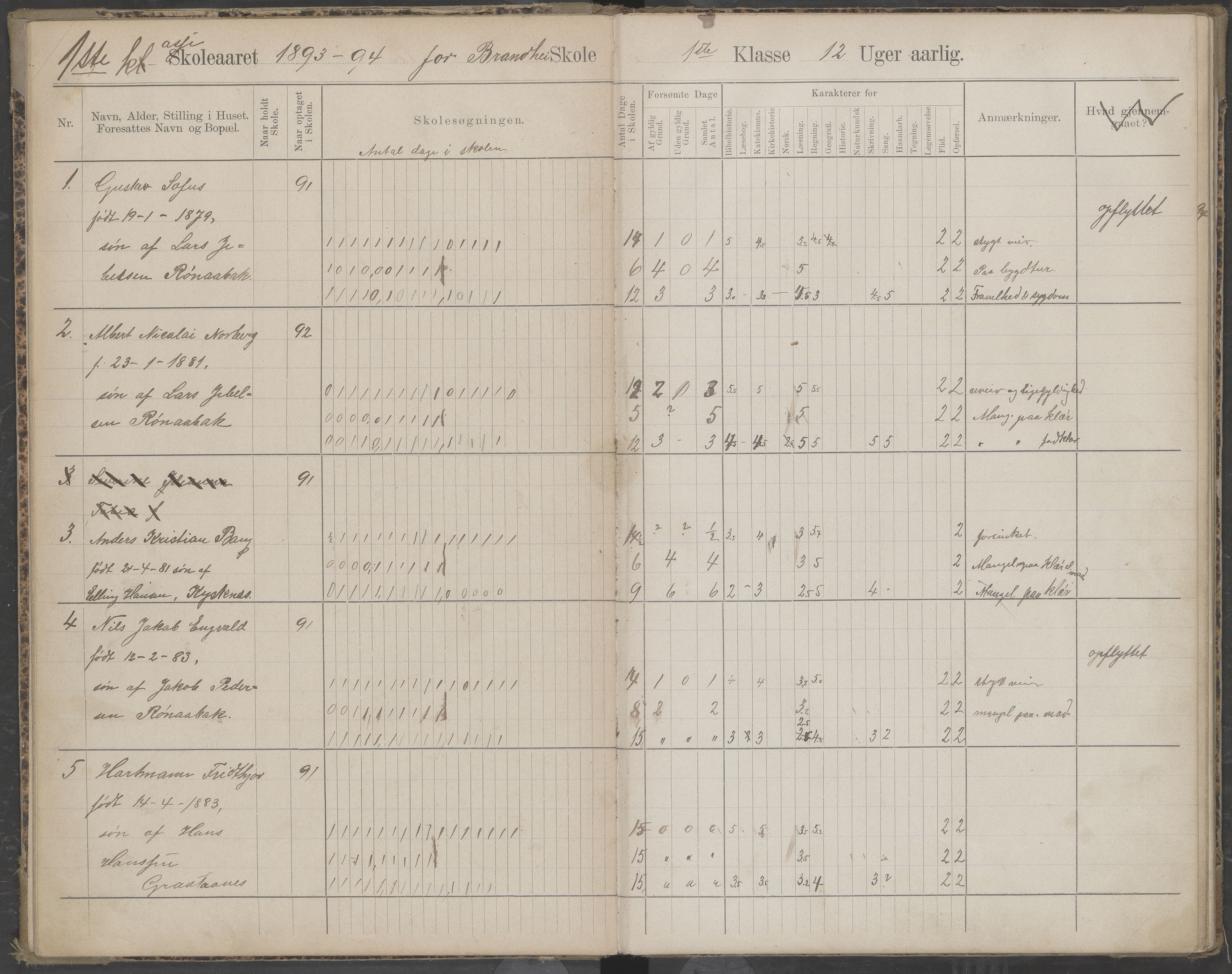 Beiarn kommune. Brandhei skolekrets, AIN/K-18390.510.03/442/L0003: Karakter/oversiktsprotokoll, 1893-1910