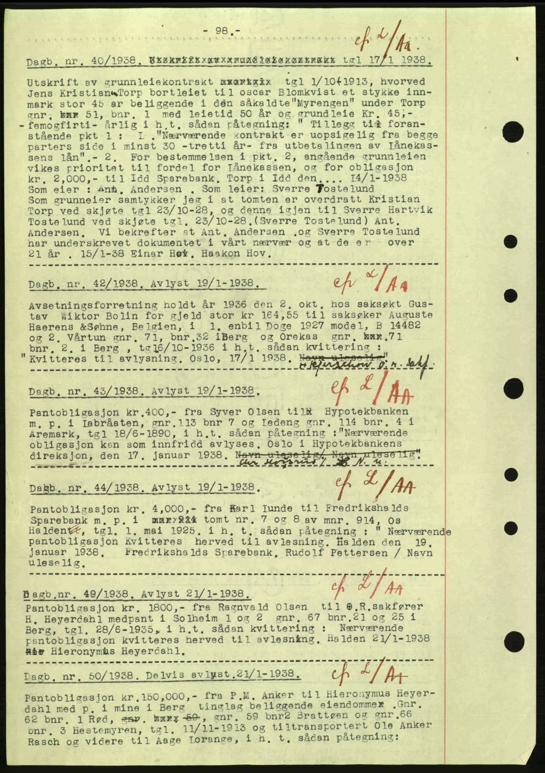 Idd og Marker sorenskriveri, AV/SAO-A-10283/G/Gb/Gbc/L0001: Pantebok nr. B1-3, 1936-1939, Dagboknr: 40/1938