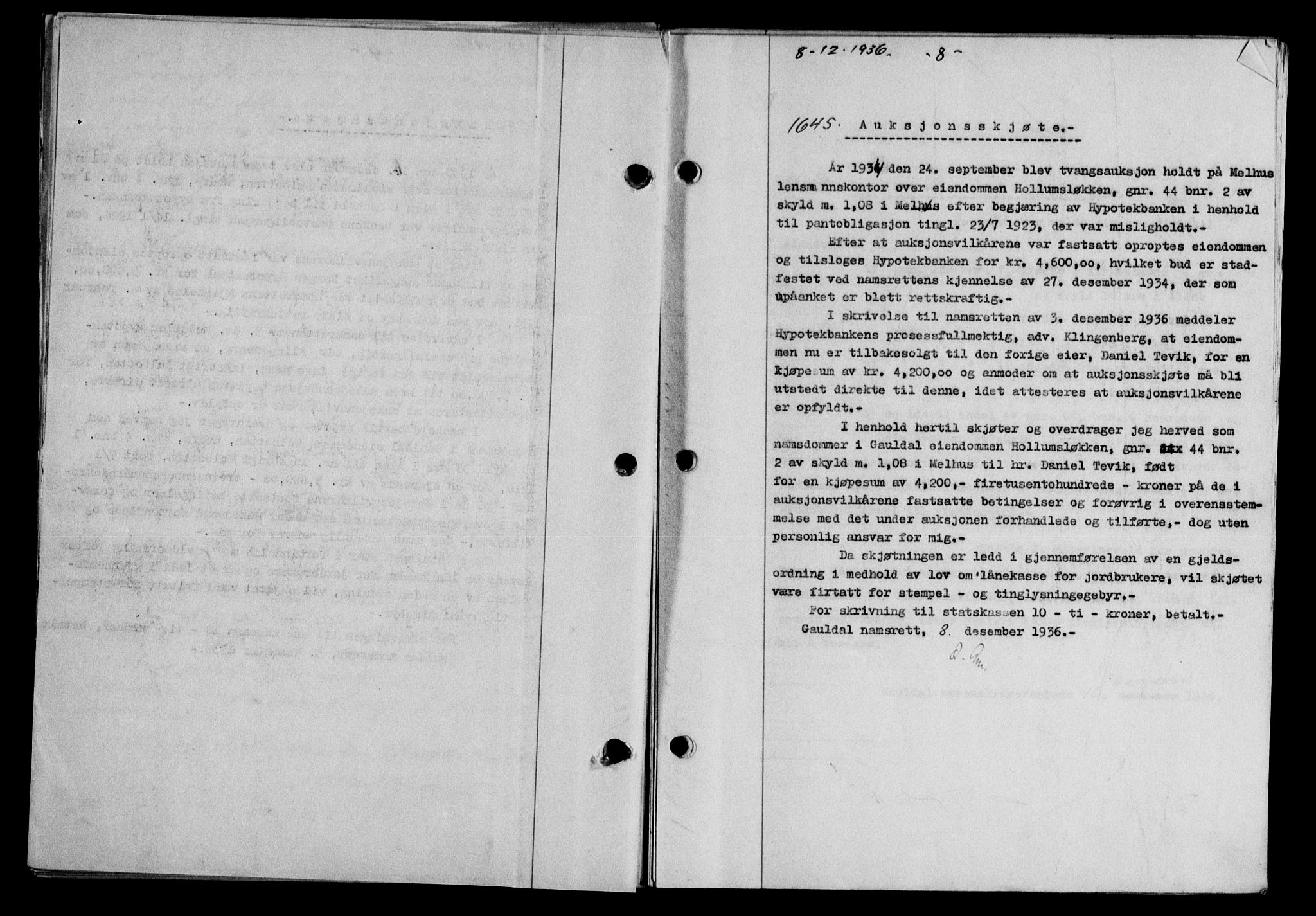 Gauldal sorenskriveri, SAT/A-0014/1/2/2C/L0046: Pantebok nr. 49-50, 1936-1937, Dagboknr: 1645/1936