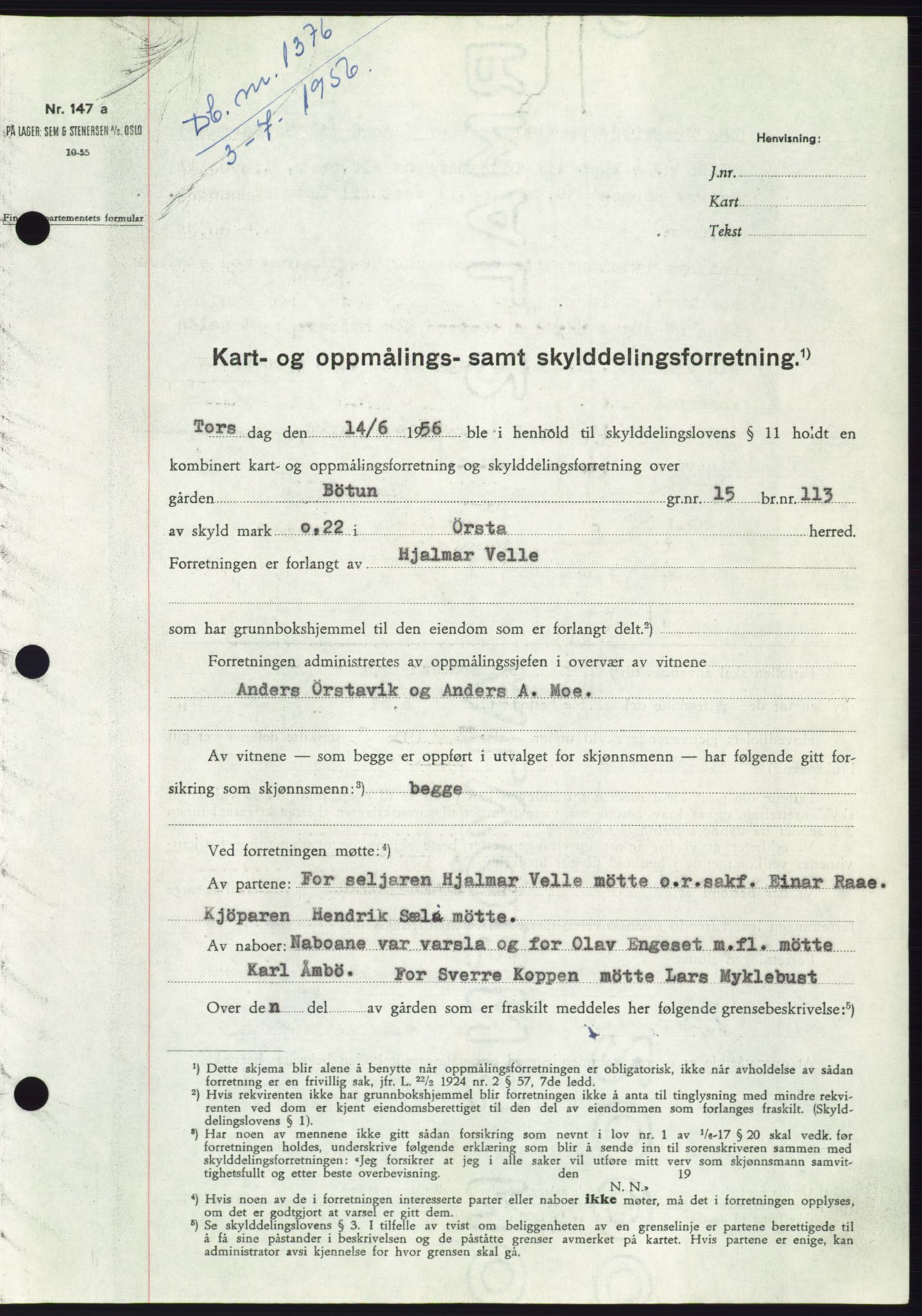 Søre Sunnmøre sorenskriveri, AV/SAT-A-4122/1/2/2C/L0104: Pantebok nr. 30A, 1956-1956, Dagboknr: 1376/1956