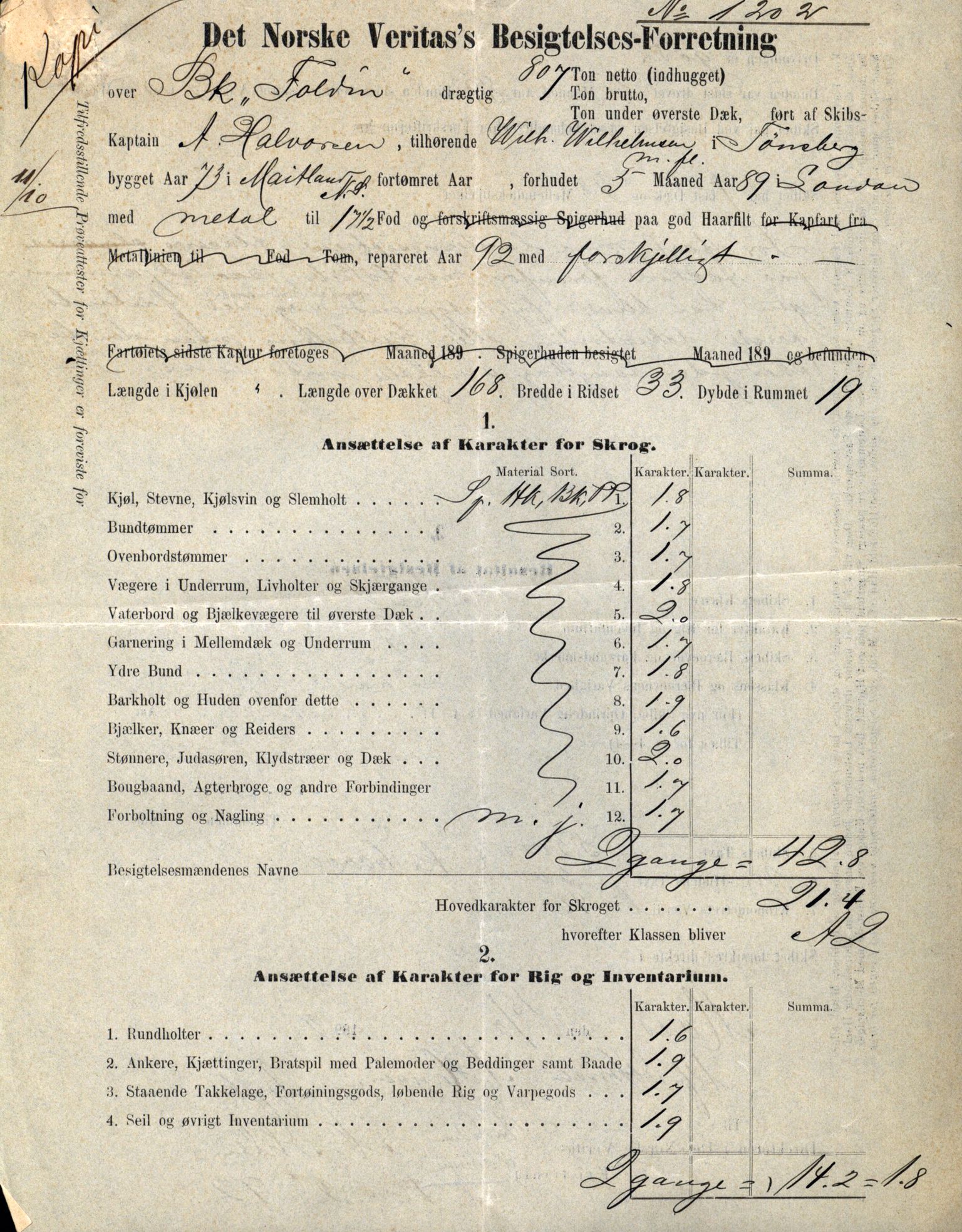 Pa 63 - Østlandske skibsassuranceforening, VEMU/A-1079/G/Ga/L0029/0007: Havaridokumenter / Diamant, Foldin, Aise, Florida, Flora, 1892, s. 86