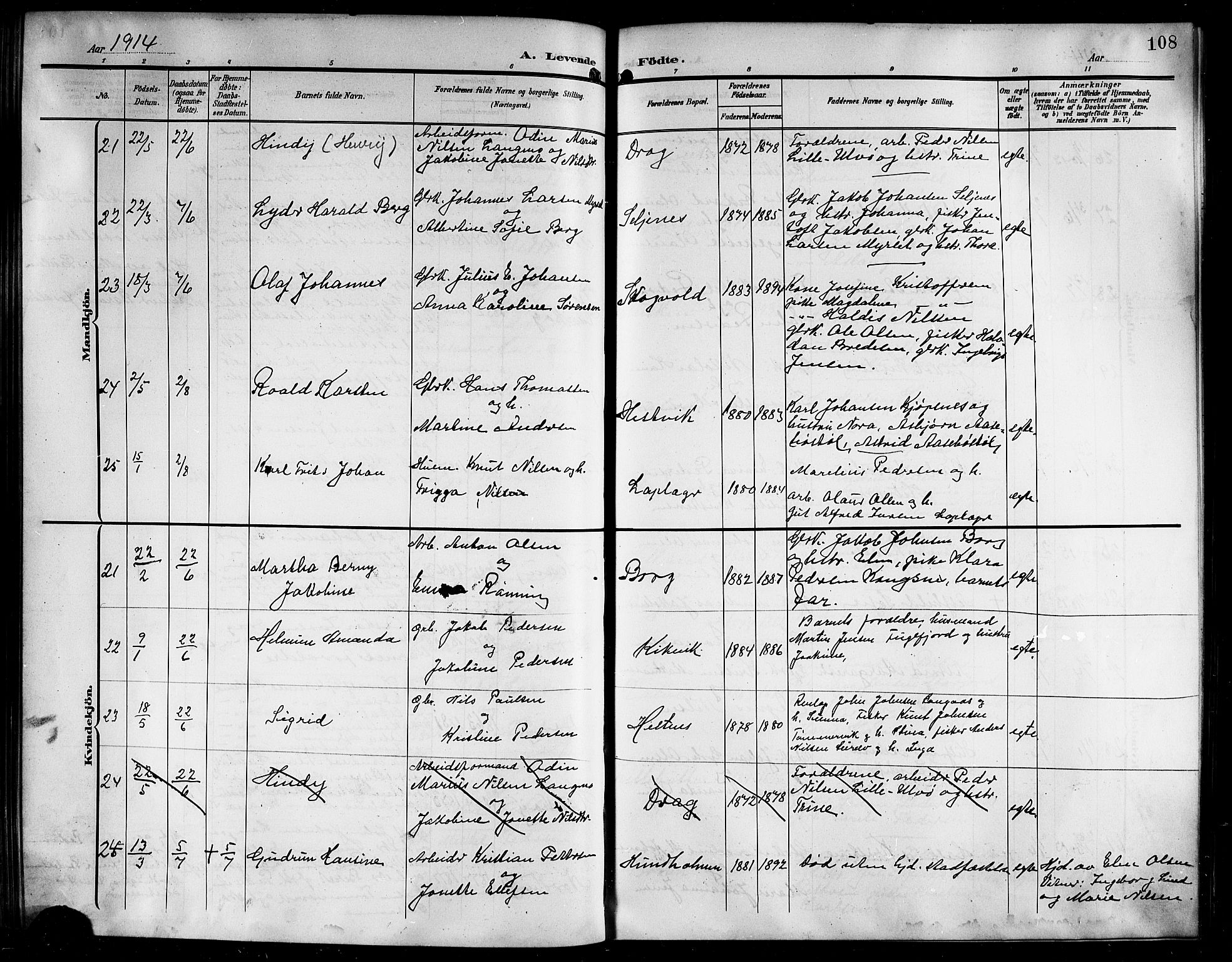 Ministerialprotokoller, klokkerbøker og fødselsregistre - Nordland, AV/SAT-A-1459/861/L0877: Klokkerbok nr. 861C03, 1903-1919, s. 108