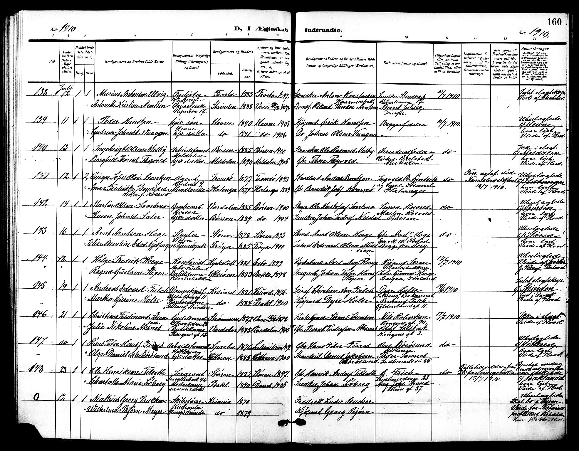 Ministerialprotokoller, klokkerbøker og fødselsregistre - Sør-Trøndelag, SAT/A-1456/601/L0095: Klokkerbok nr. 601C13, 1902-1911, s. 160