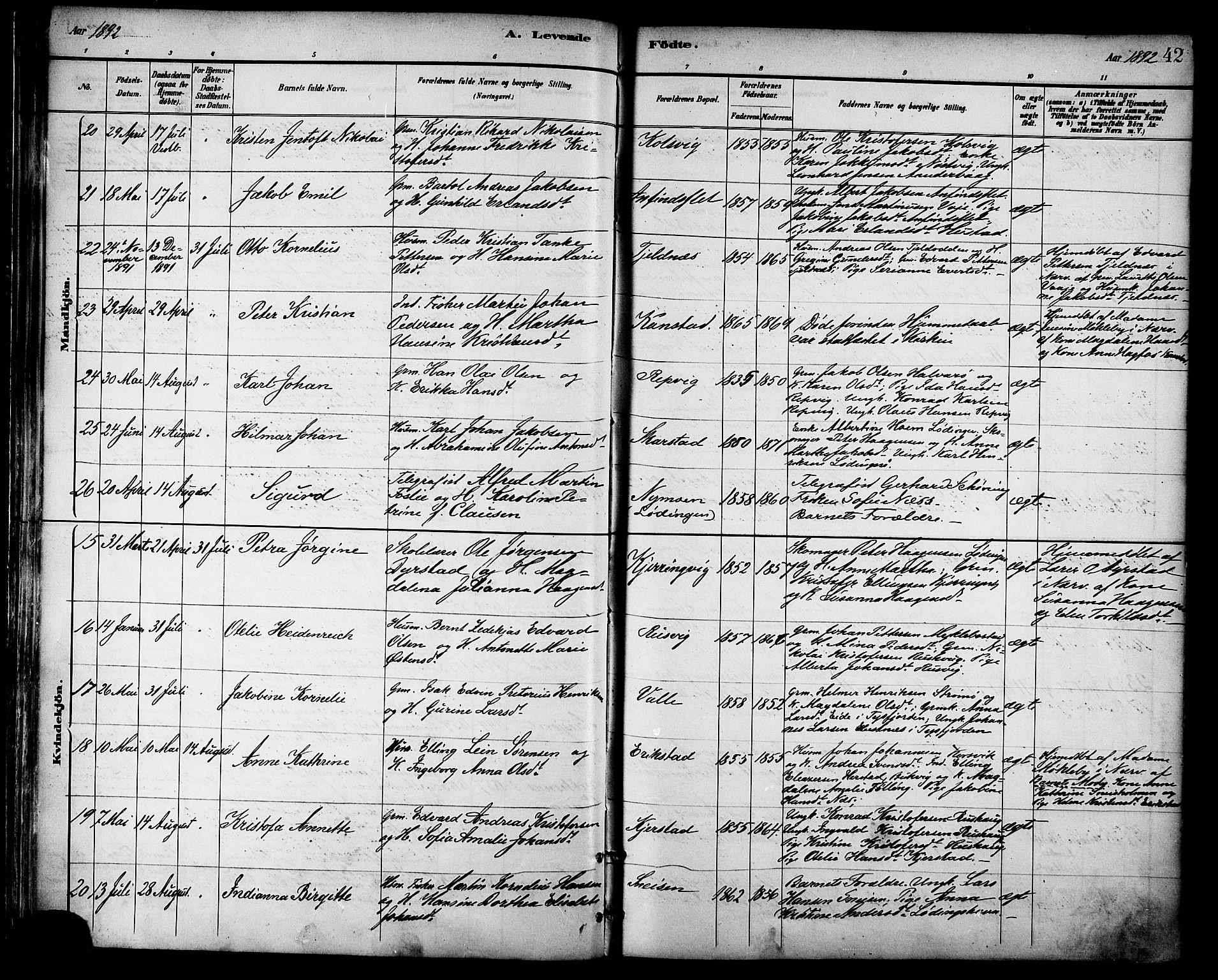 Ministerialprotokoller, klokkerbøker og fødselsregistre - Nordland, AV/SAT-A-1459/872/L1035: Ministerialbok nr. 872A10, 1884-1896, s. 42