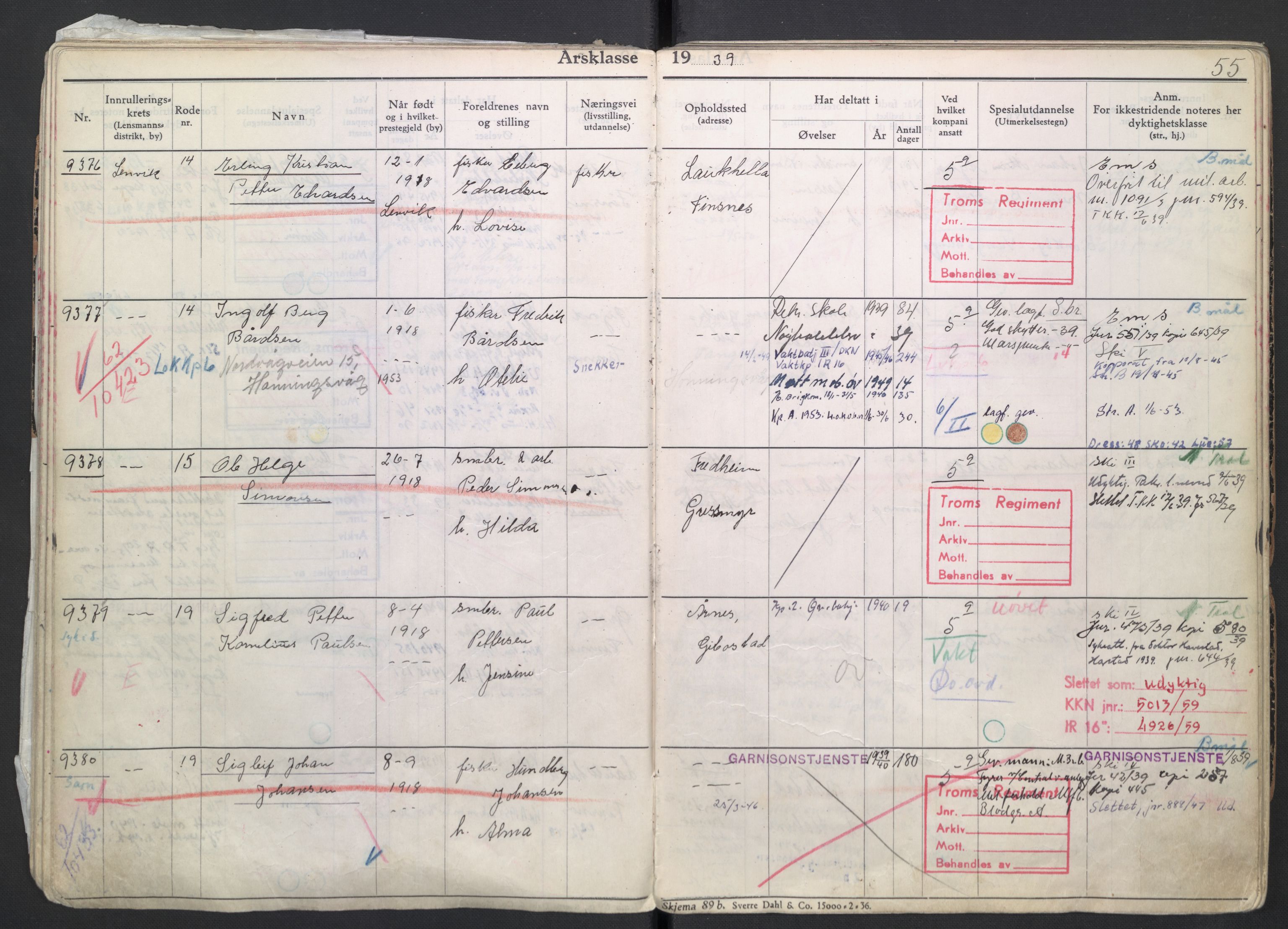 Forsvaret, Troms infanteriregiment nr. 16, AV/RA-RAFA-3146/P/Pa/L0007/0004: Ruller / Rulle for regimentets menige mannskaper, årsklasse 1939, 1939, s. 55