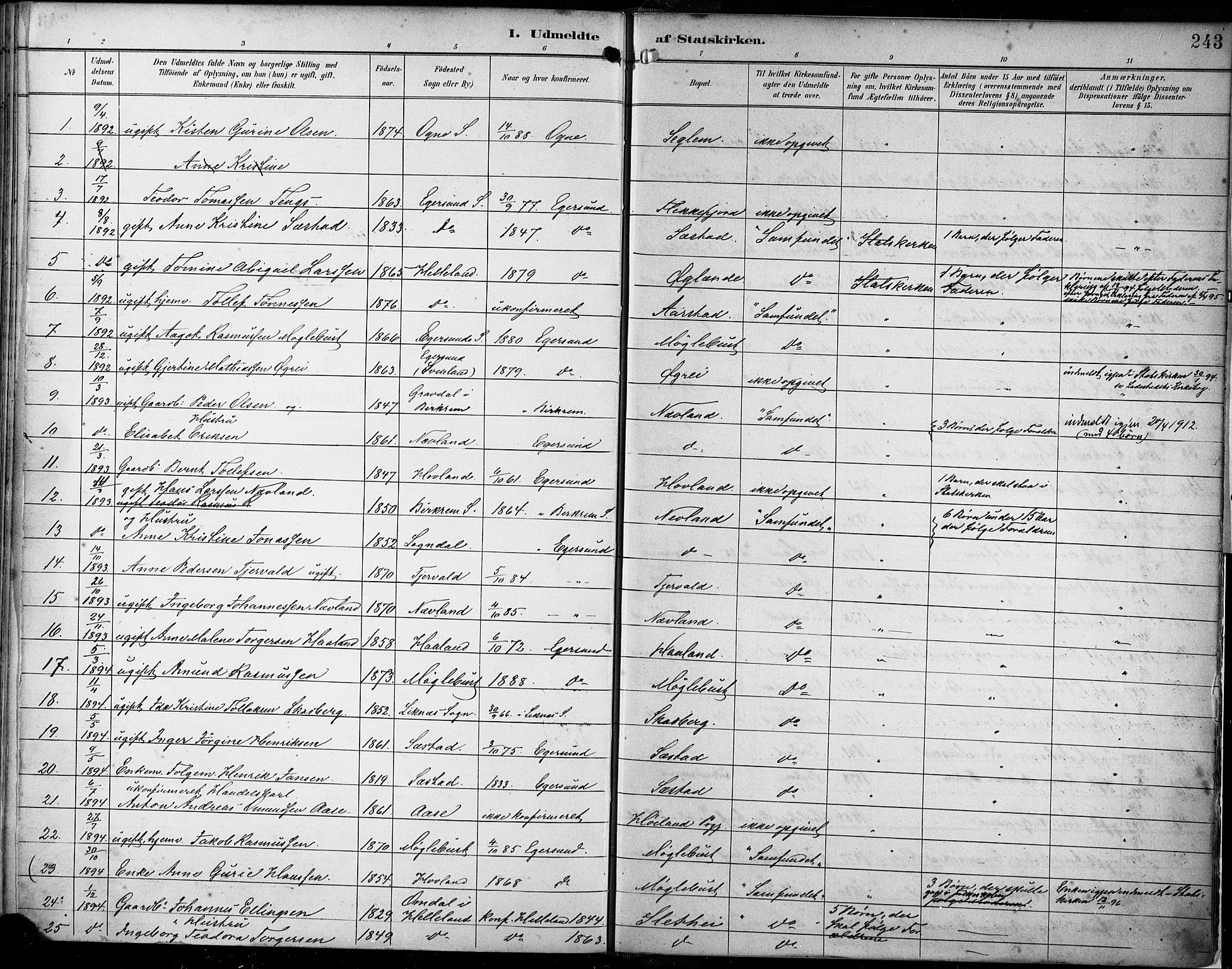 Eigersund sokneprestkontor, AV/SAST-A-101807/S08/L0018: Ministerialbok nr. A 17, 1892-1905, s. 243