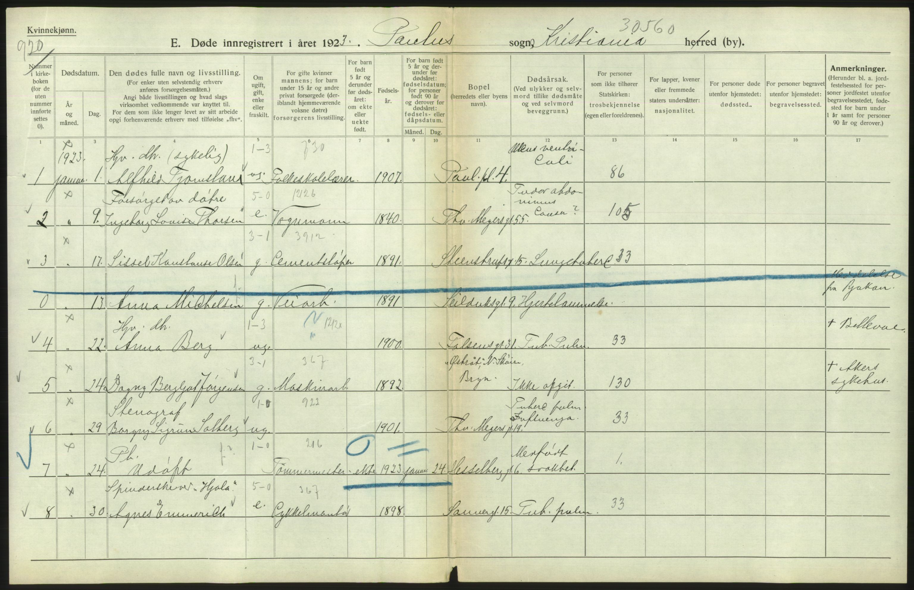 Statistisk sentralbyrå, Sosiodemografiske emner, Befolkning, AV/RA-S-2228/D/Df/Dfc/Dfcc/L0009: Kristiania: Døde, 1923, s. 474