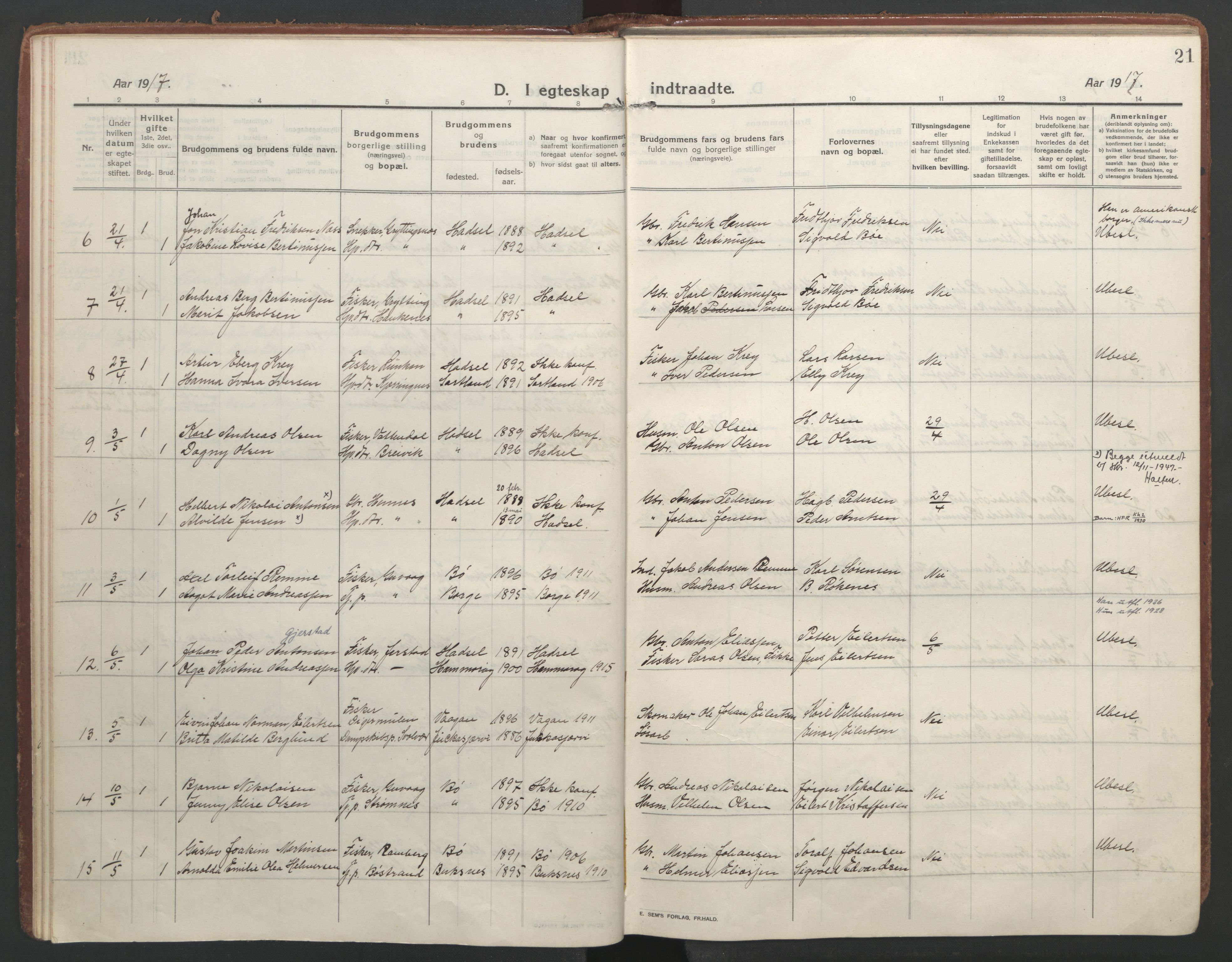 Ministerialprotokoller, klokkerbøker og fødselsregistre - Nordland, AV/SAT-A-1459/888/L1251: Ministerialbok nr. 888A17, 1913-1925, s. 21