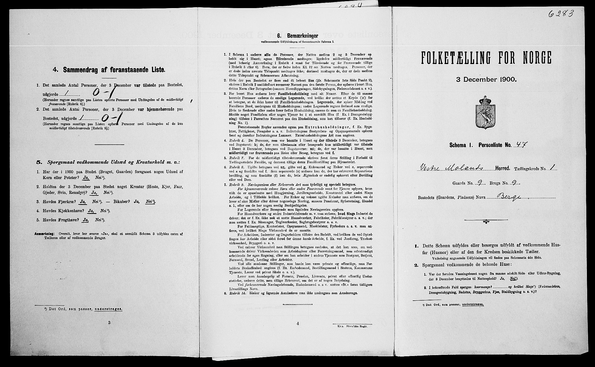 SAK, Folketelling 1900 for 0926 Vestre Moland herred, 1900, s. 170