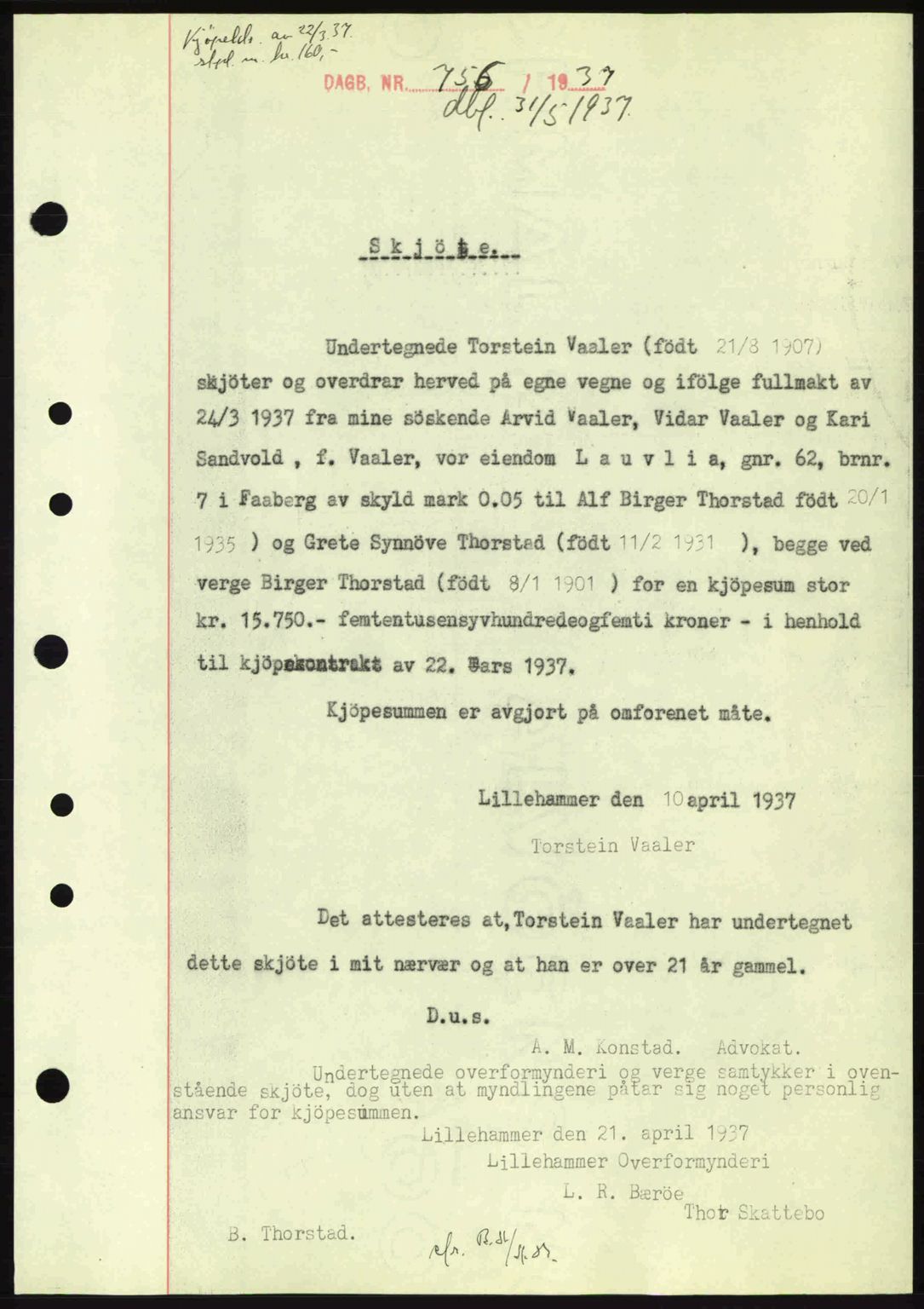 Sør-Gudbrandsdal tingrett, SAH/TING-004/H/Hb/Hbd/L0002: Pantebok nr. A2, 1936-1937, Dagboknr: 756/1937