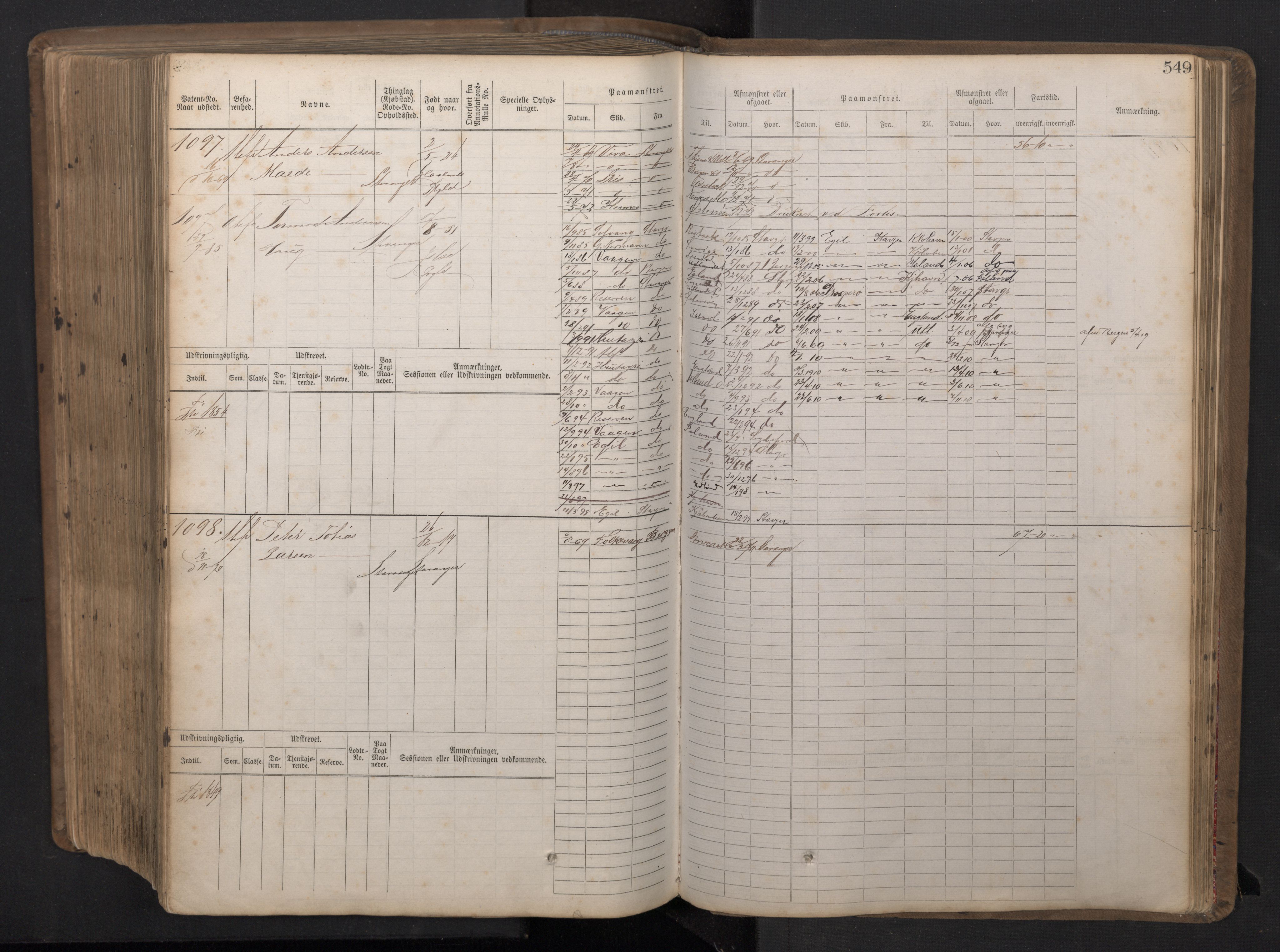 Stavanger sjømannskontor, SAST/A-102006/F/Fb/Fbb/L0016: Sjøfartshovedrulle patnentnr. 1-1202 (dublett), 1869, s. 549