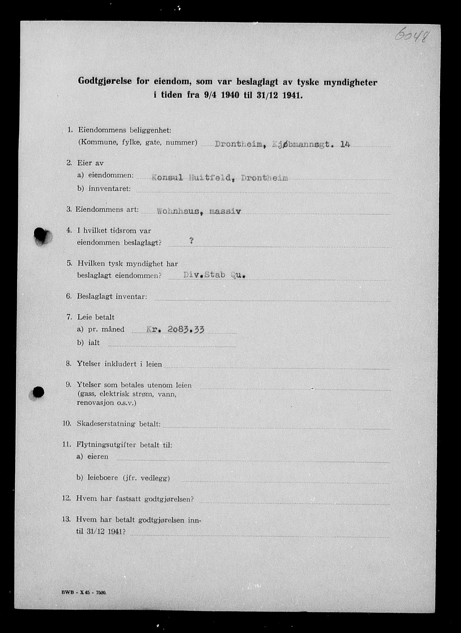 Justisdepartementet, Tilbakeføringskontoret for inndratte formuer, AV/RA-S-1564/I/L1018: Godtgjørelse for beslaglagt eiendom, 1940-1941, s. 73