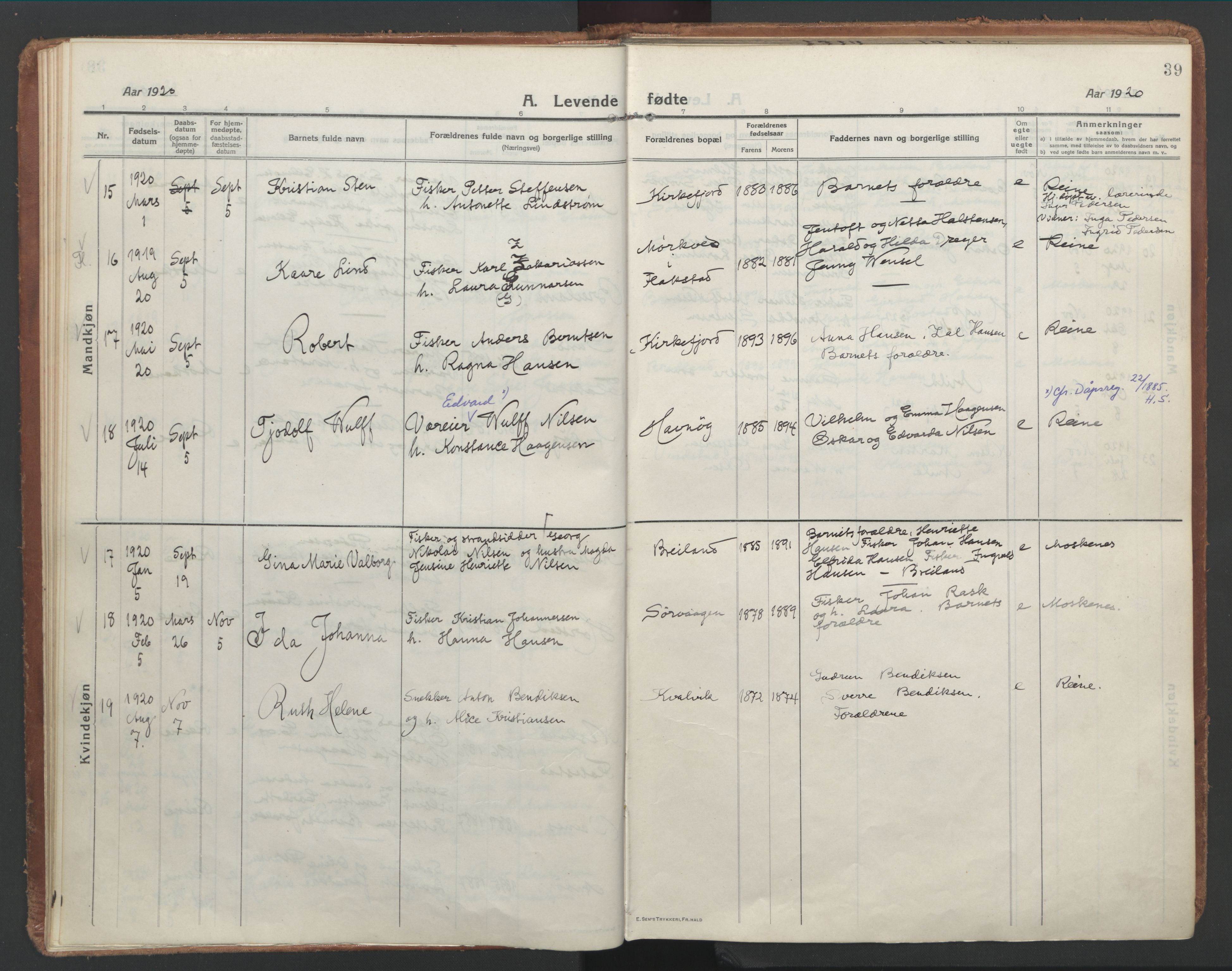 Ministerialprotokoller, klokkerbøker og fødselsregistre - Nordland, AV/SAT-A-1459/886/L1222: Ministerialbok nr. 886A04, 1914-1926, s. 39
