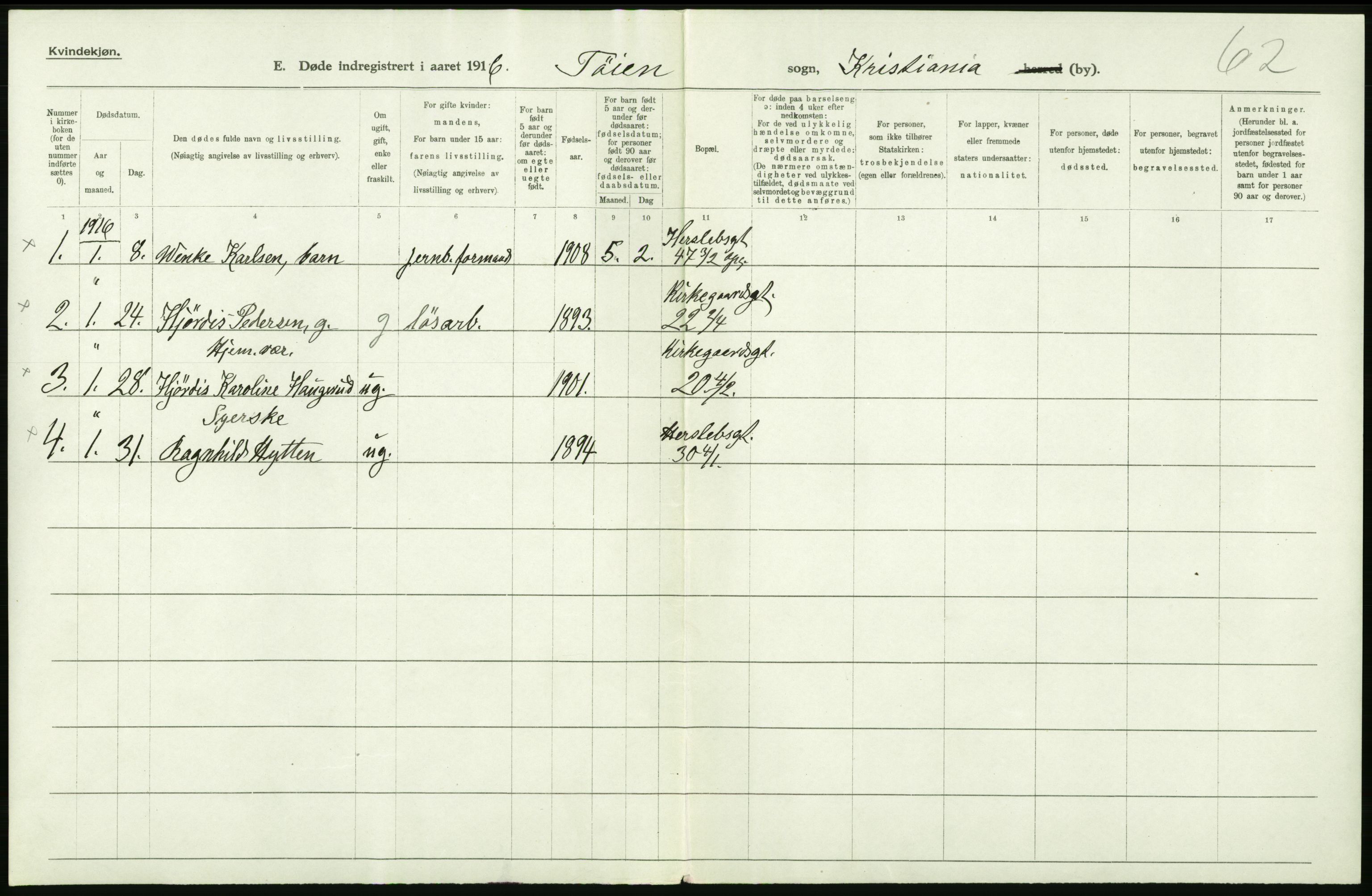 Statistisk sentralbyrå, Sosiodemografiske emner, Befolkning, AV/RA-S-2228/D/Df/Dfb/Dfbf/L0009: Kristiania: Døde., 1916, s. 452