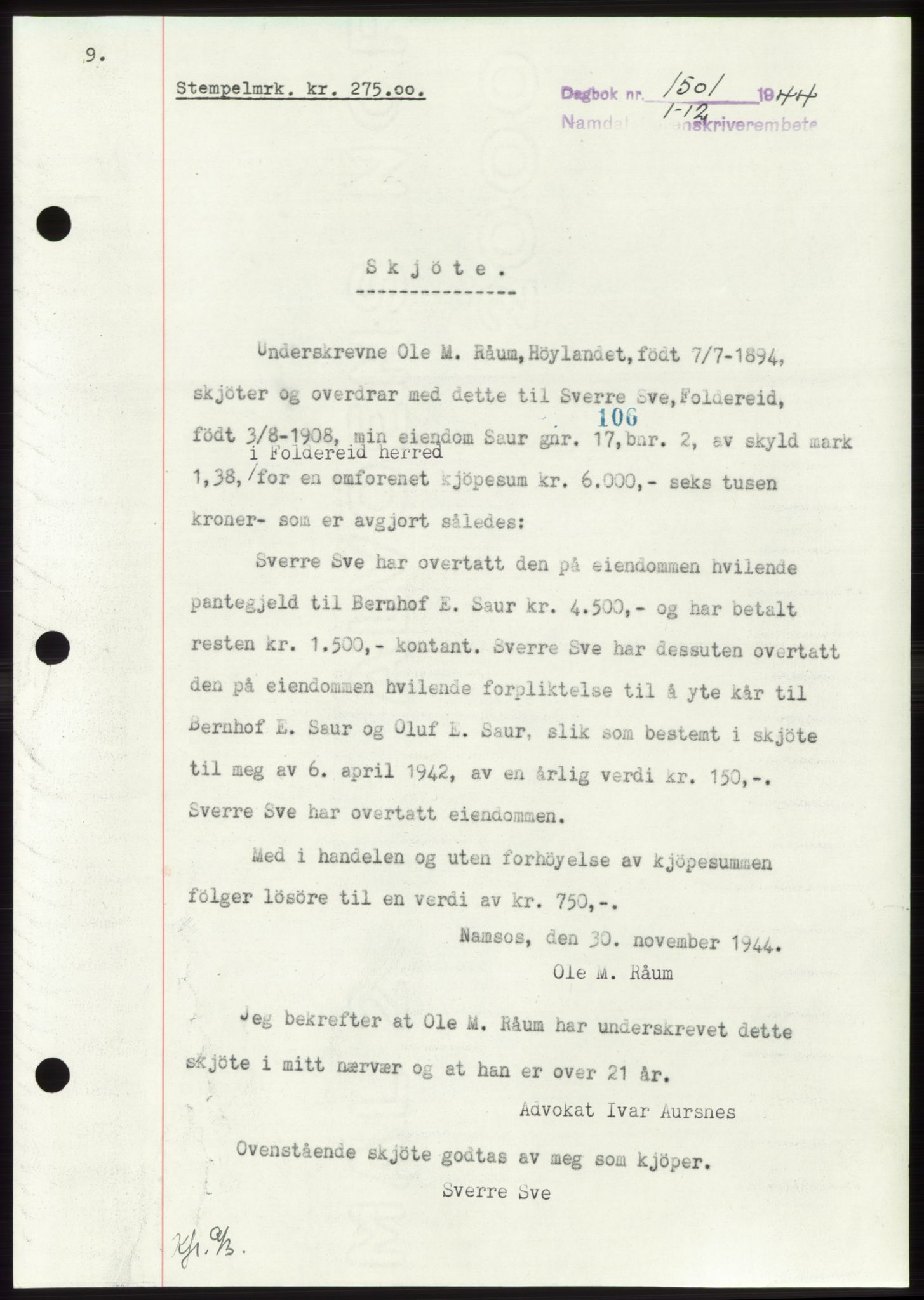 Namdal sorenskriveri, SAT/A-4133/1/2/2C: Pantebok nr. -, 1944-1945, Dagboknr: 1501/1944