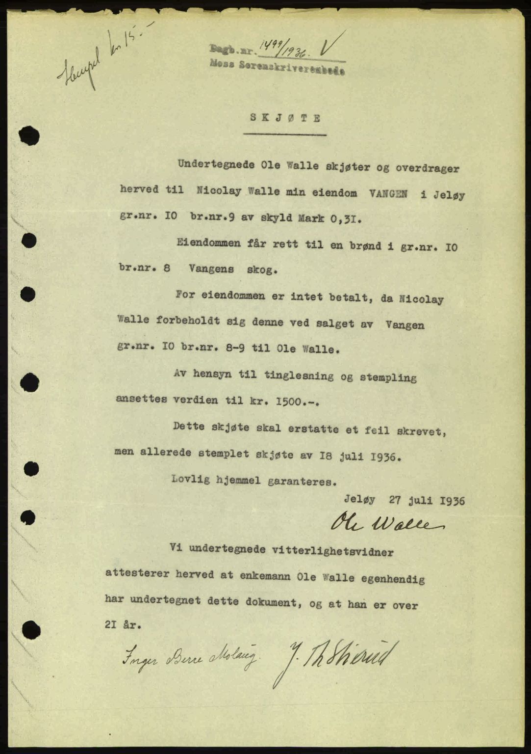 Moss sorenskriveri, SAO/A-10168: Pantebok nr. A1, 1936-1936, Dagboknr: 1499/1936