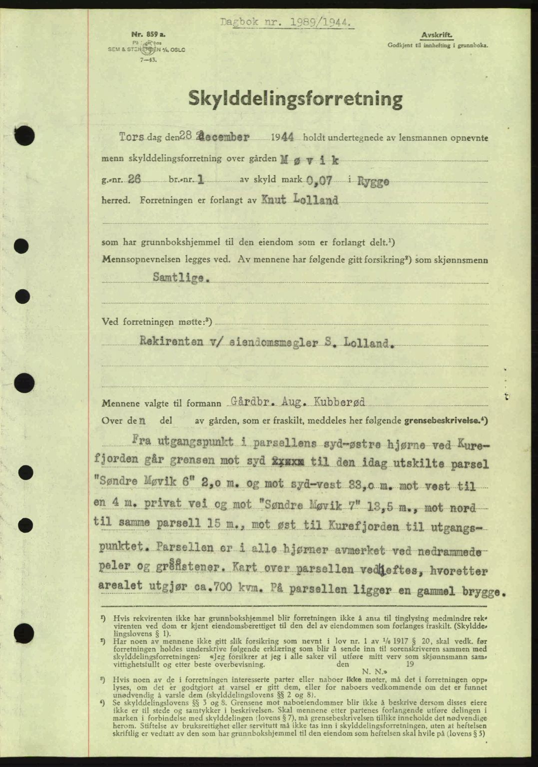 Moss sorenskriveri, SAO/A-10168: Pantebok nr. A13, 1944-1945, Dagboknr: 1989/1944