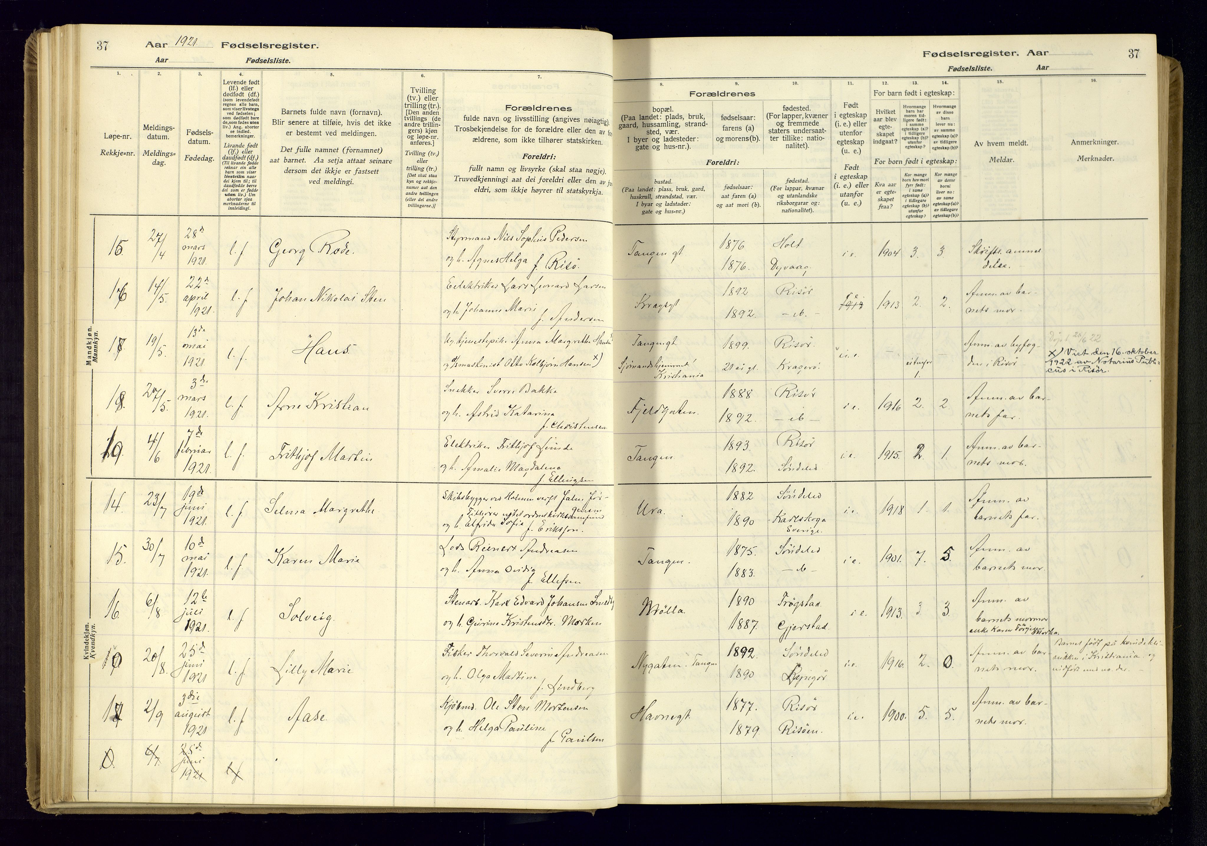 Risør sokneprestkontor, AV/SAK-1111-0035/J/Ja/L0001: Fødselsregister nr. A-VI-13, 1916-1947, s. 37