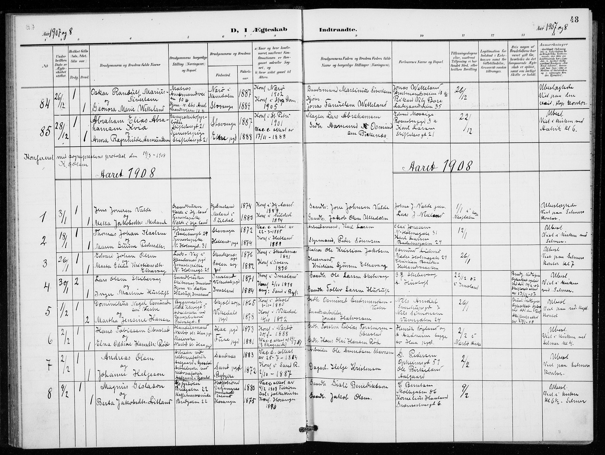 St. Petri sokneprestkontor, AV/SAST-A-101813/001/30/30BB/L0009: Klokkerbok nr. B 9, 1902-1935, s. 43